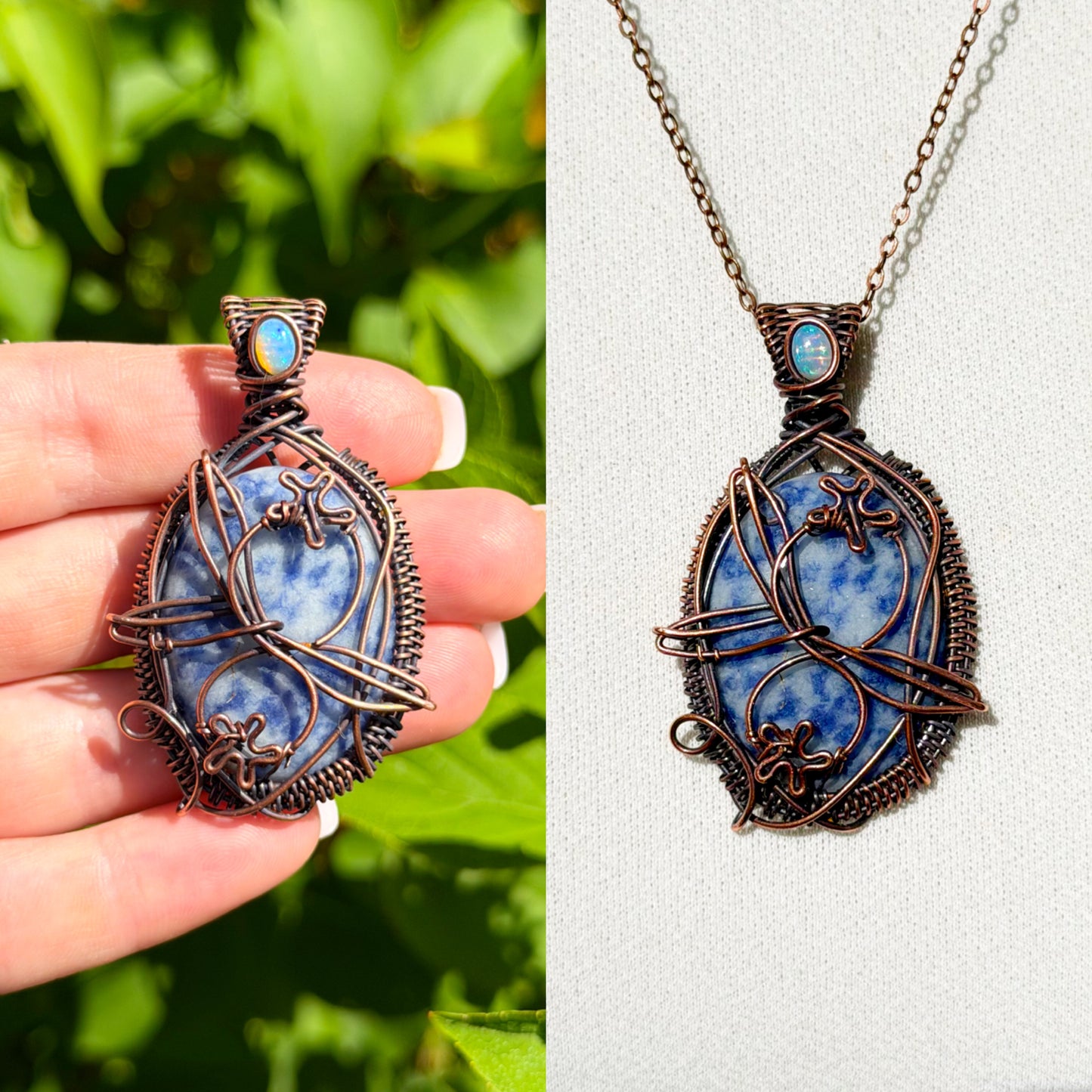 Blueberry Blue Spotted Jasper with Opal Accent Crystal Copper Pendant