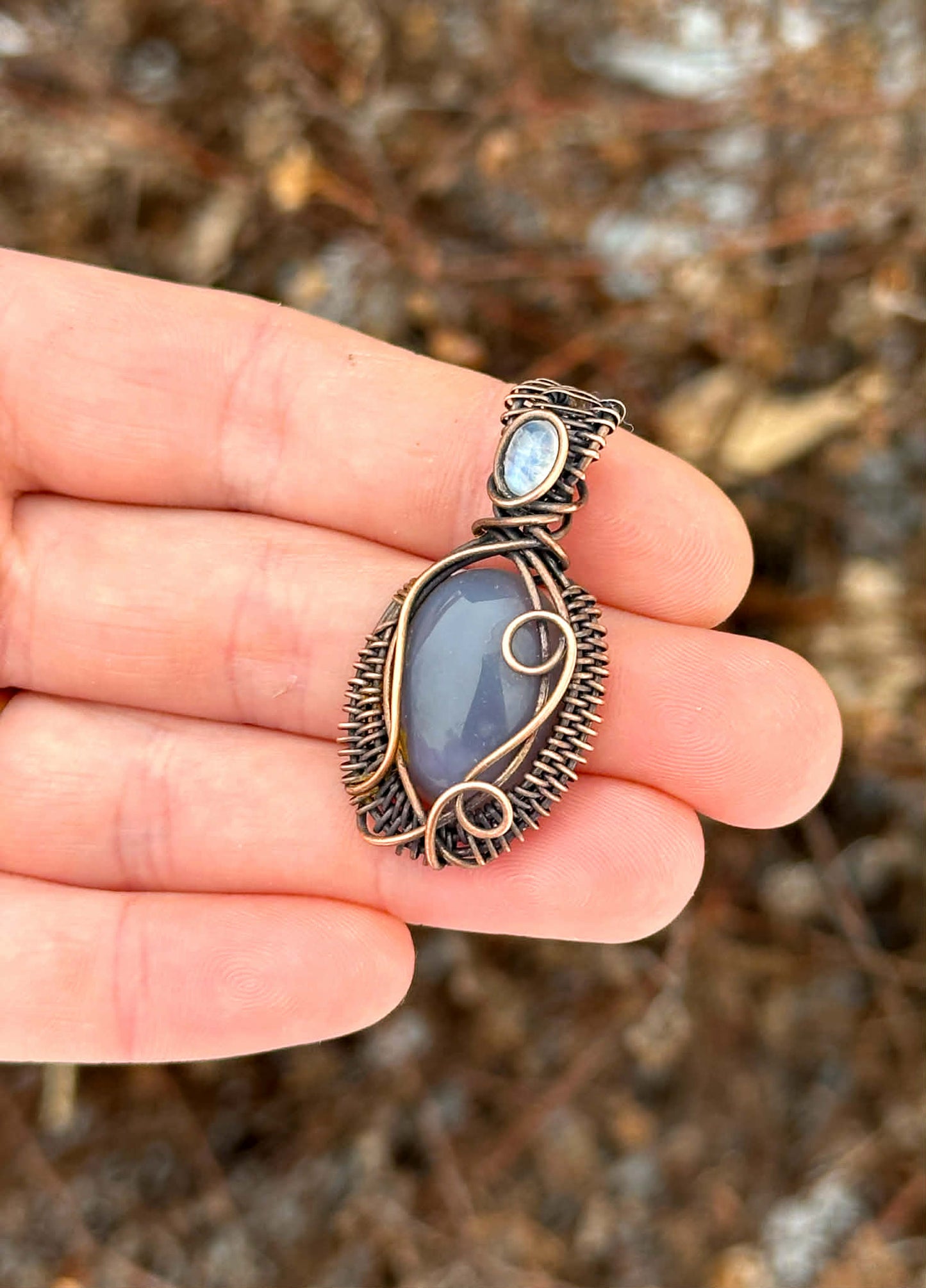 Mini Grey Agate & Rainbow Moonstone Accent Crystal Copper Pendant