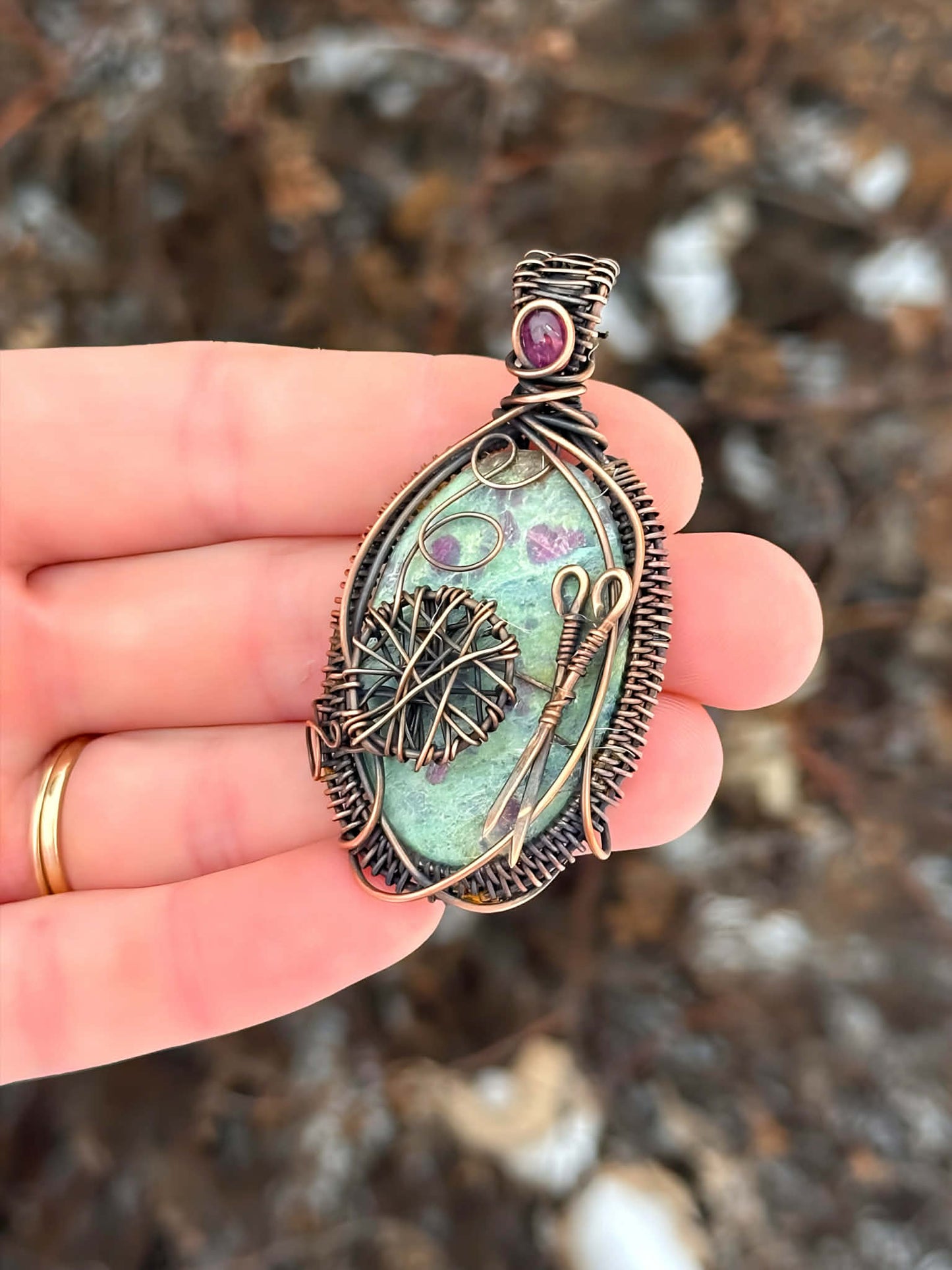 Knitting Ruby Zoisite & Pink Tourmaline Crystal Copper Pendant