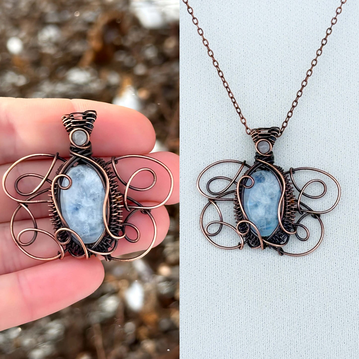 White Ermine Moth Symbol Rainbow Moonstone & Clear Quartz Accent Crystal Copper Pendant