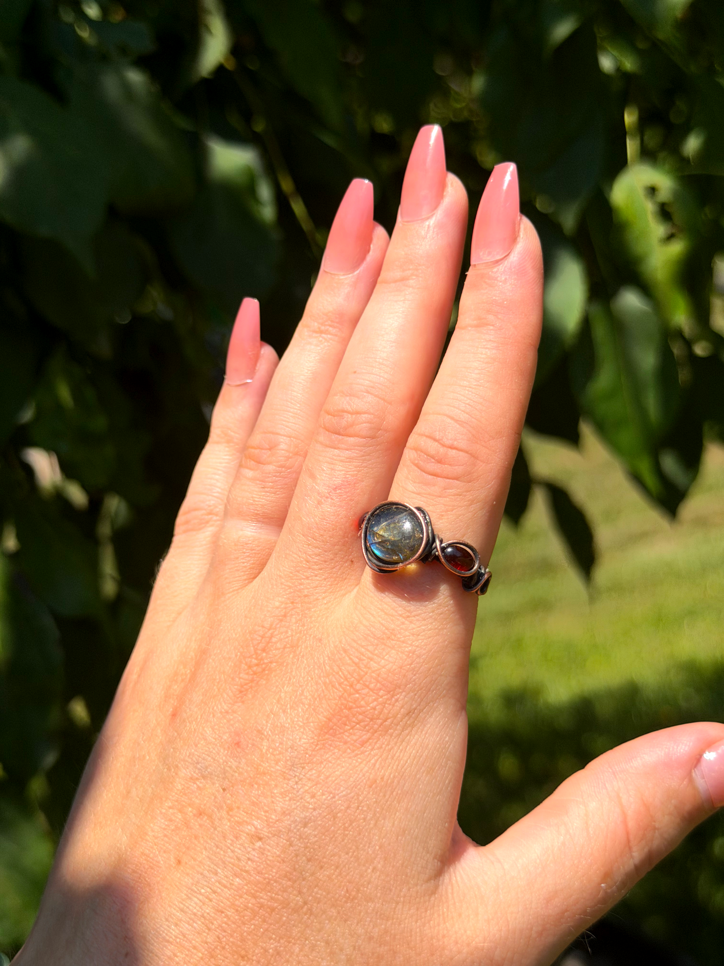 Triple Labradorite & Garnet Crystal Copper Ring