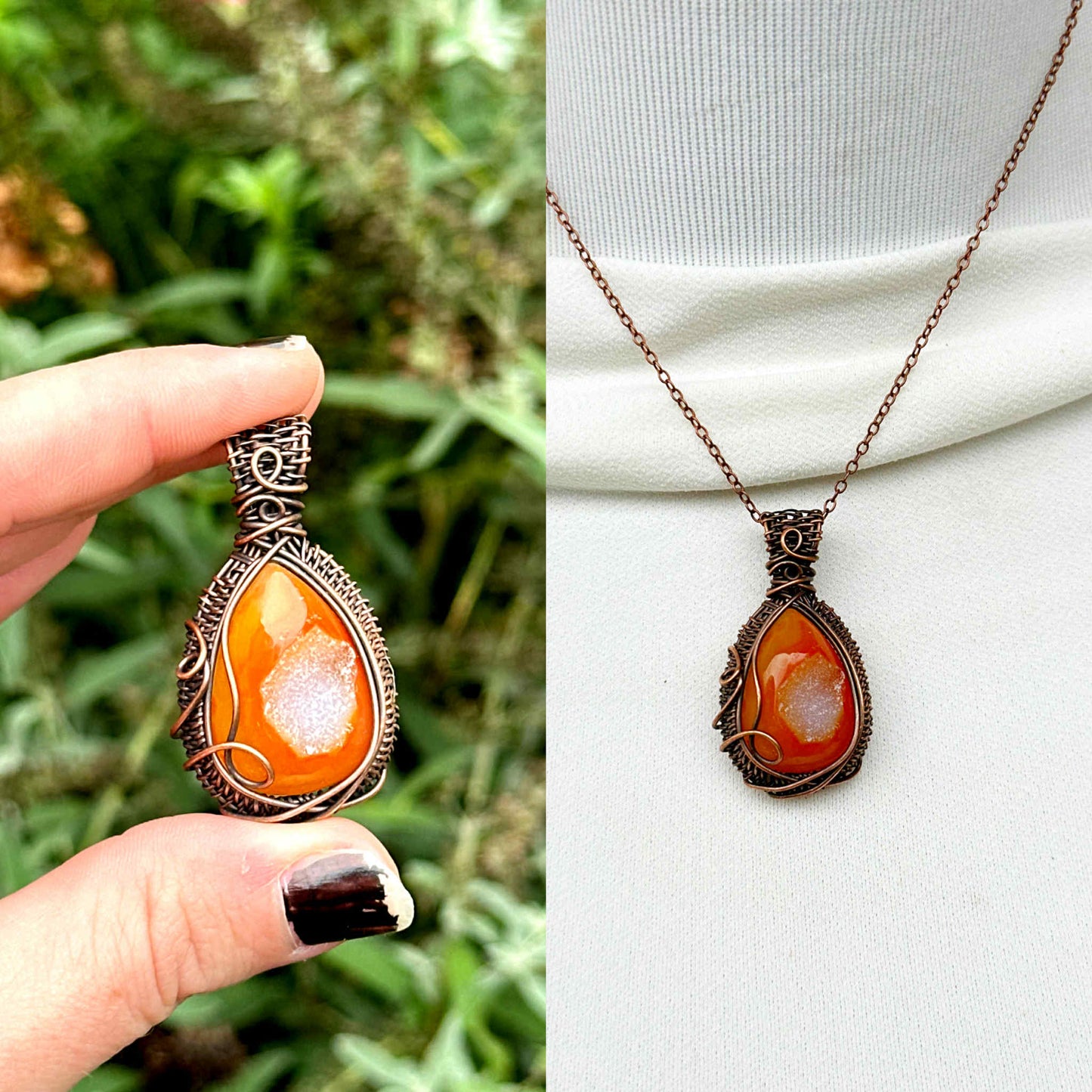 Orange Druzy Crystal Copper Pendant