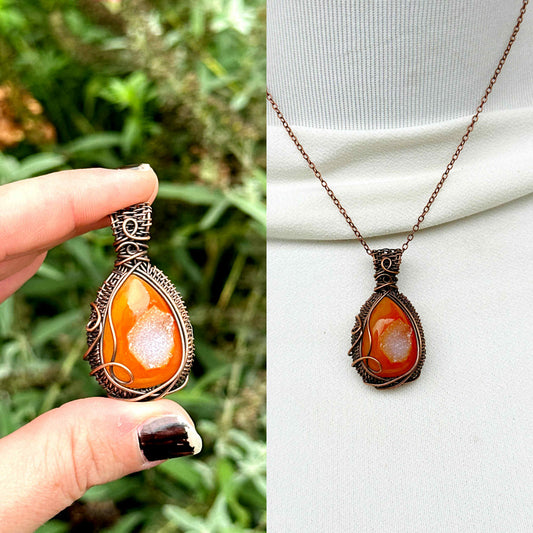 Orange Druzy Crystal Copper Pendant