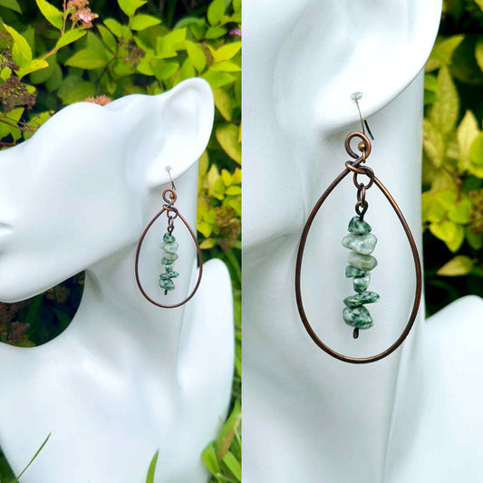 Green Serpentine Crystal Copper Hoops
