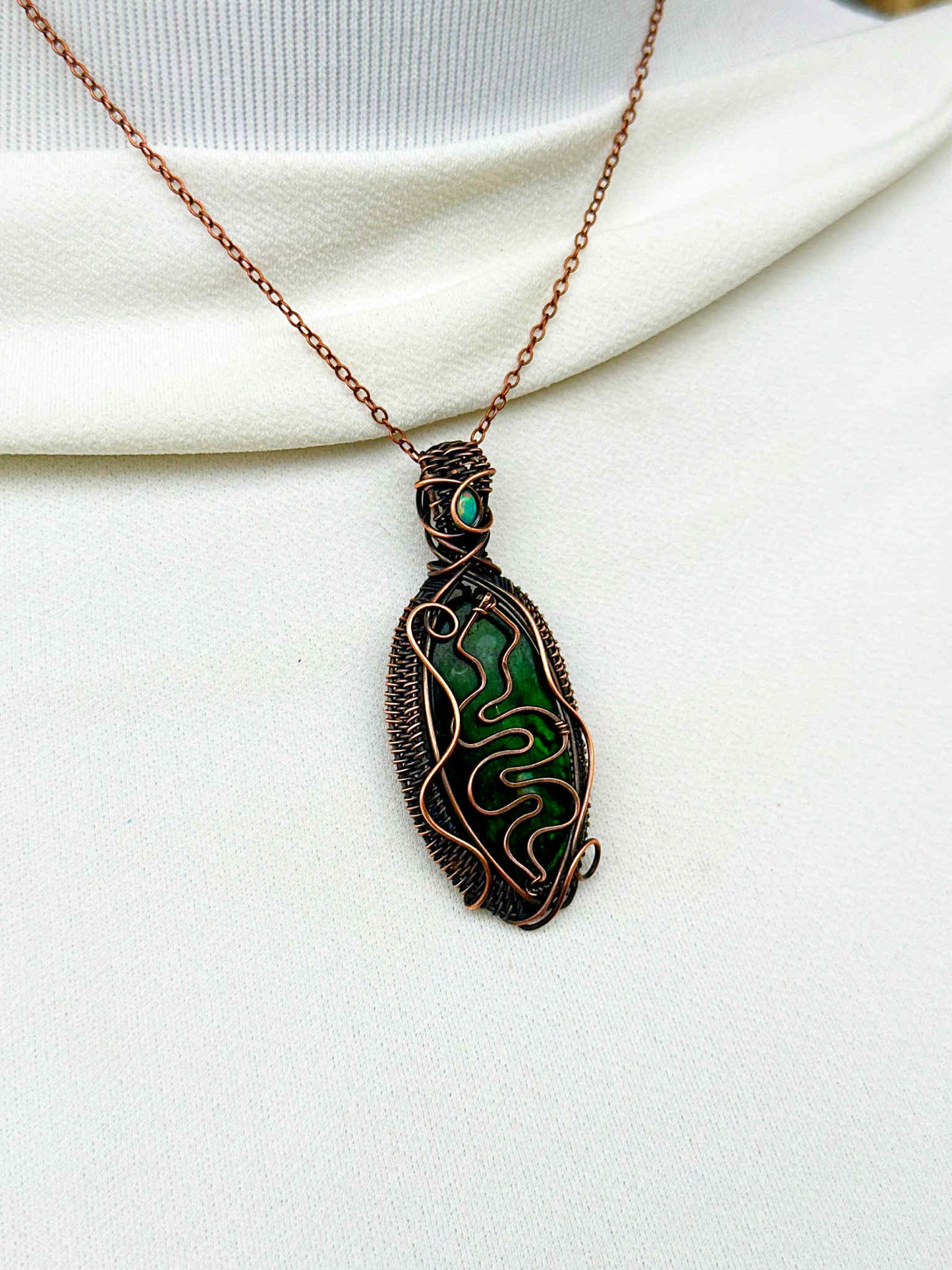 Serpent Green Labradorite & Opal Accent Crystal Copper Pendant