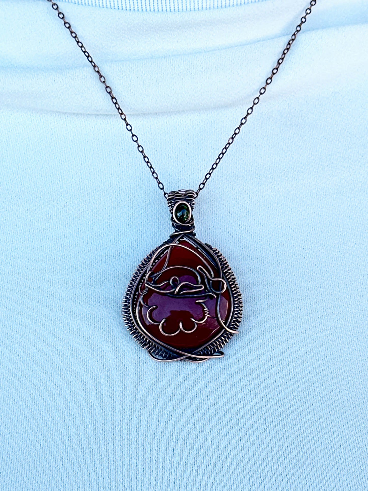Santa Claus Red Onyx & Green Tourmaline Accent Crystal Copper Pendant