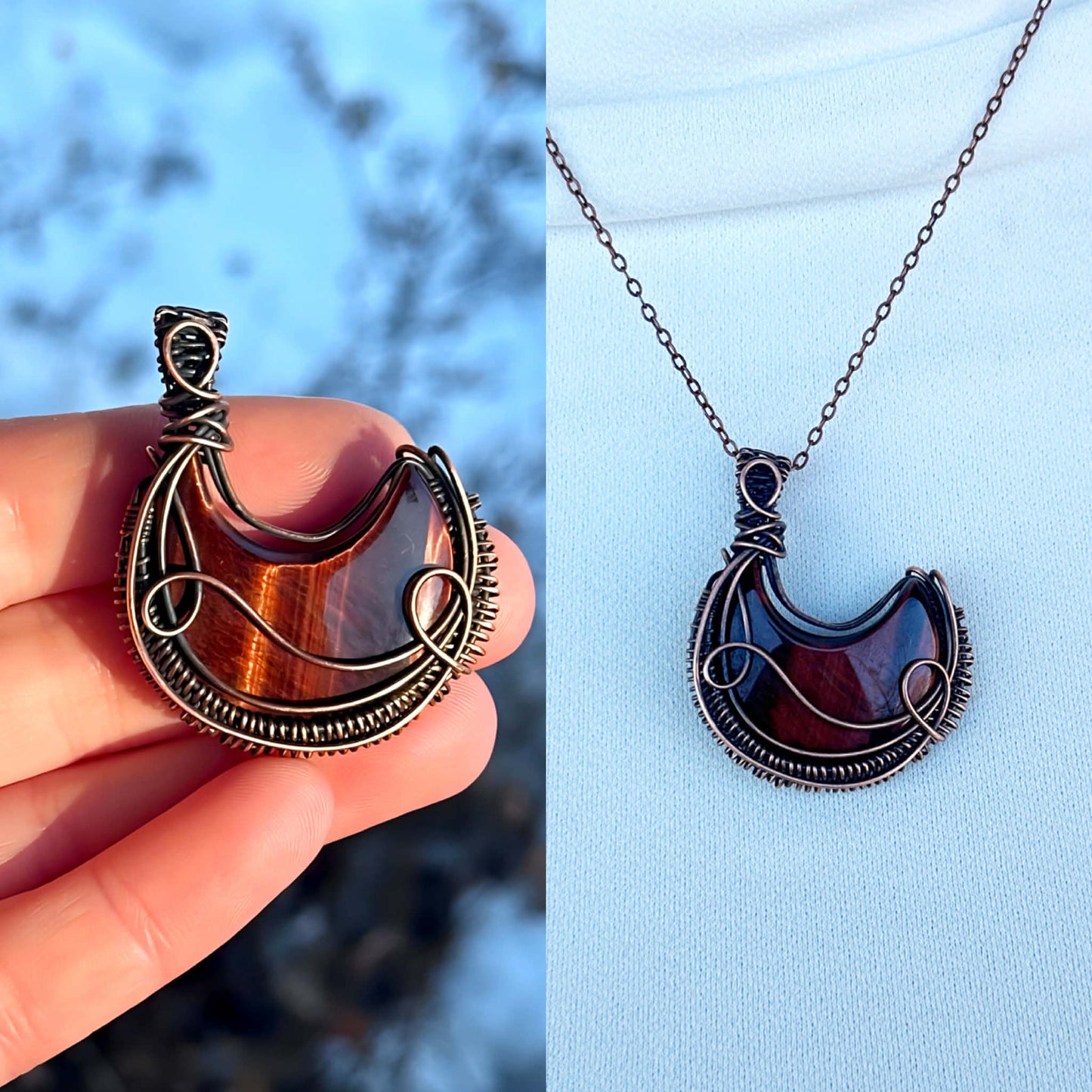 Crescent Moon Red Tigers Eye Crystal Copper Pendant