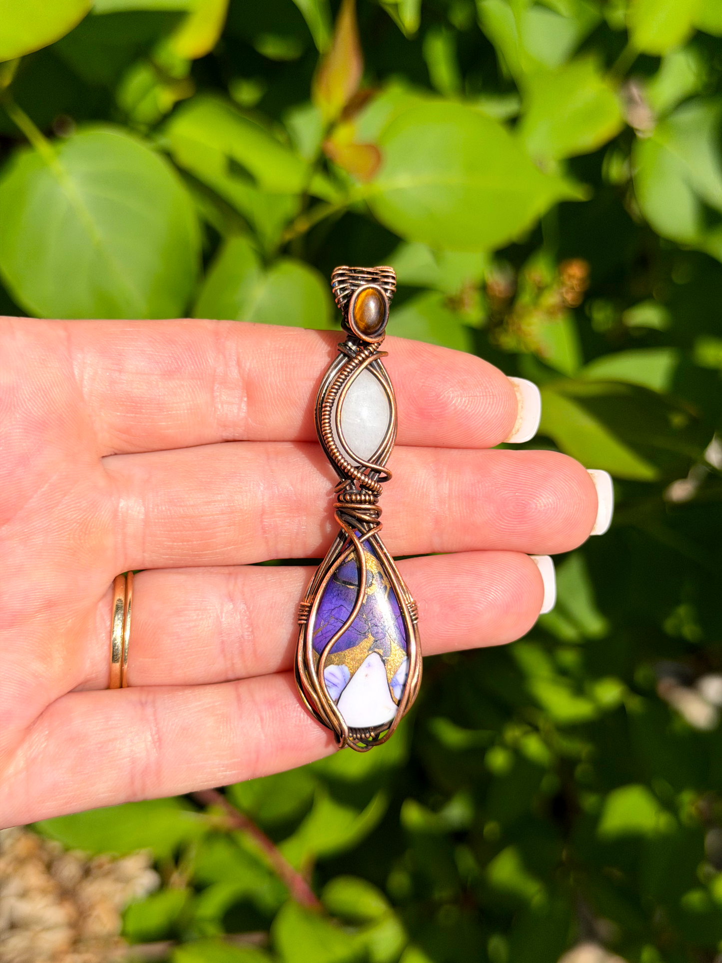 Triple Purple Copper, White Jade & Tiger’s Eye Accent Crystal Copper Pendant
