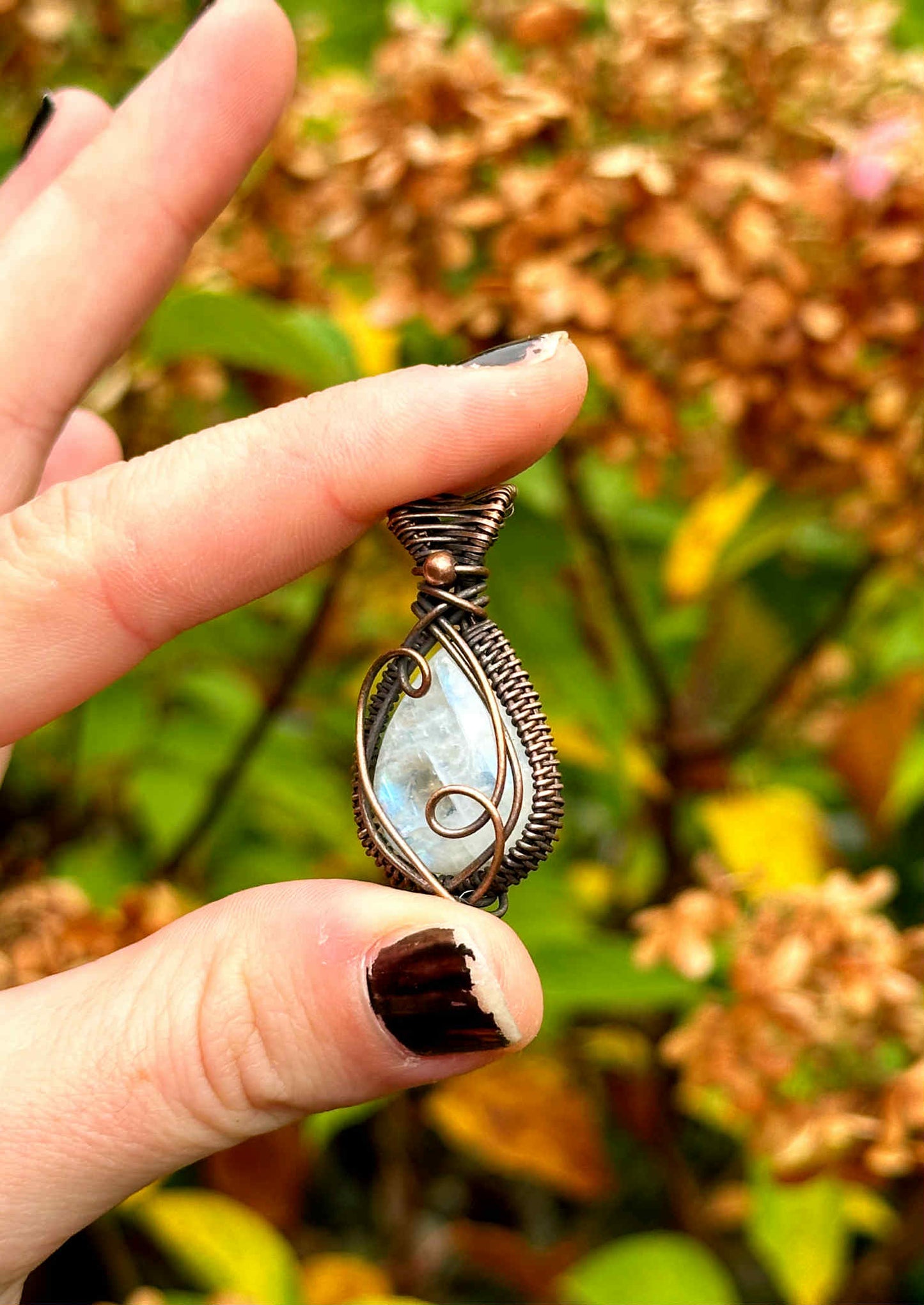 Mini Rainbow Moonstone Crystal Copper Pendant