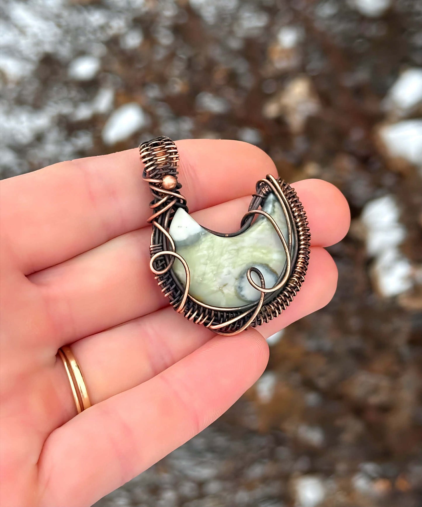 Crescent Moon Cobra Jasper Crystal Copper Pendant