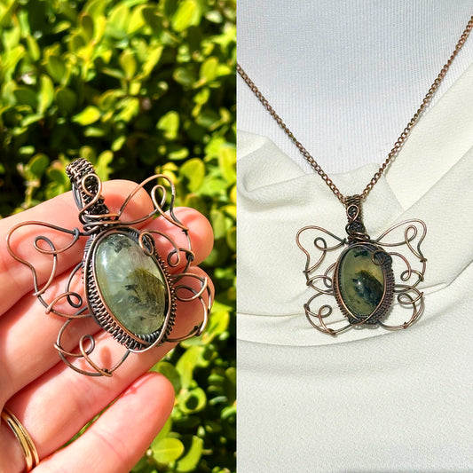 Tailed Green Jay Butterfly Prehnite Crystal Copper Pendant