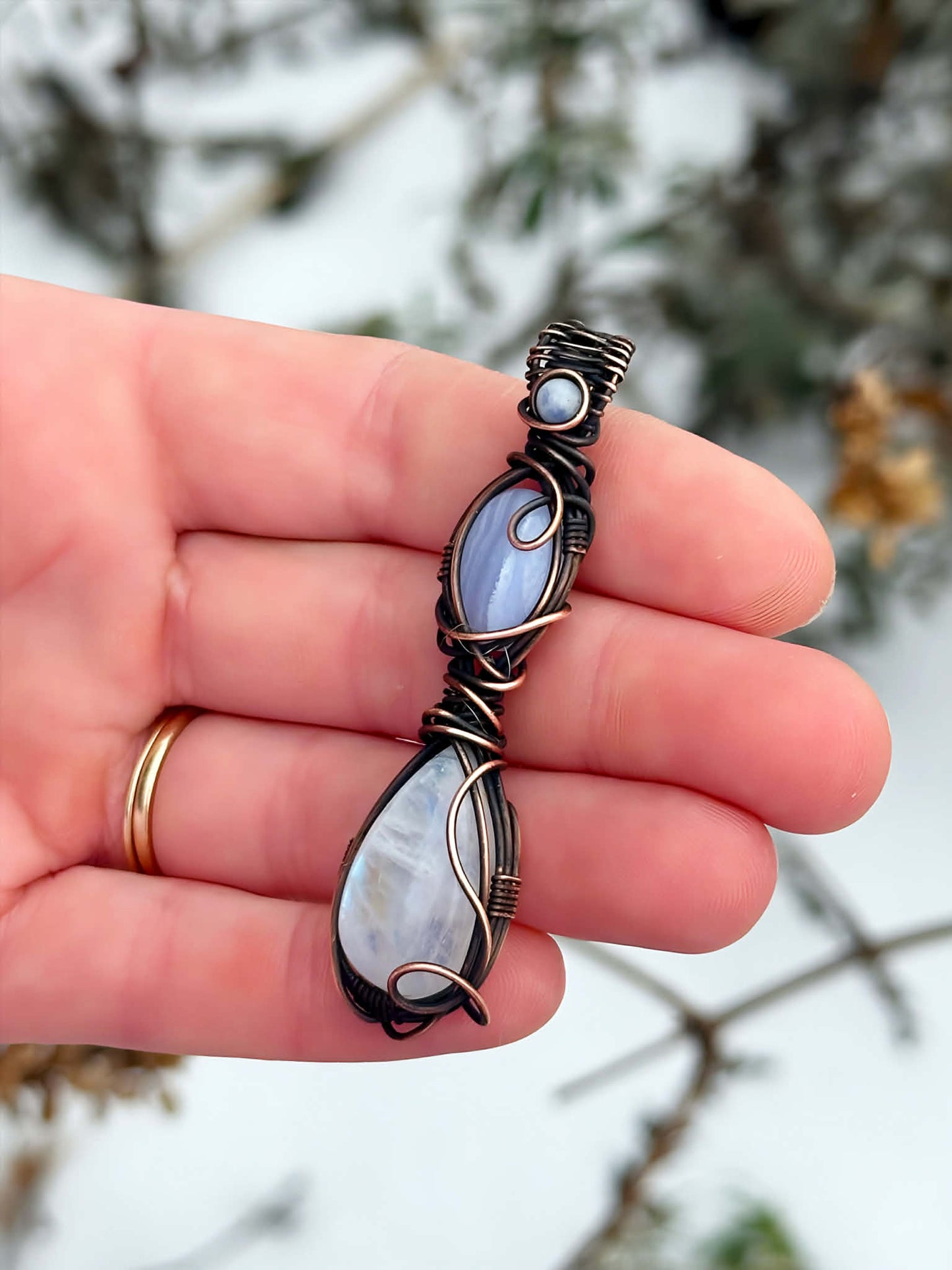 Triple Blue Lace Agate & Rainbow Moonstone with White Jade Accent Crystal Copper Pendant