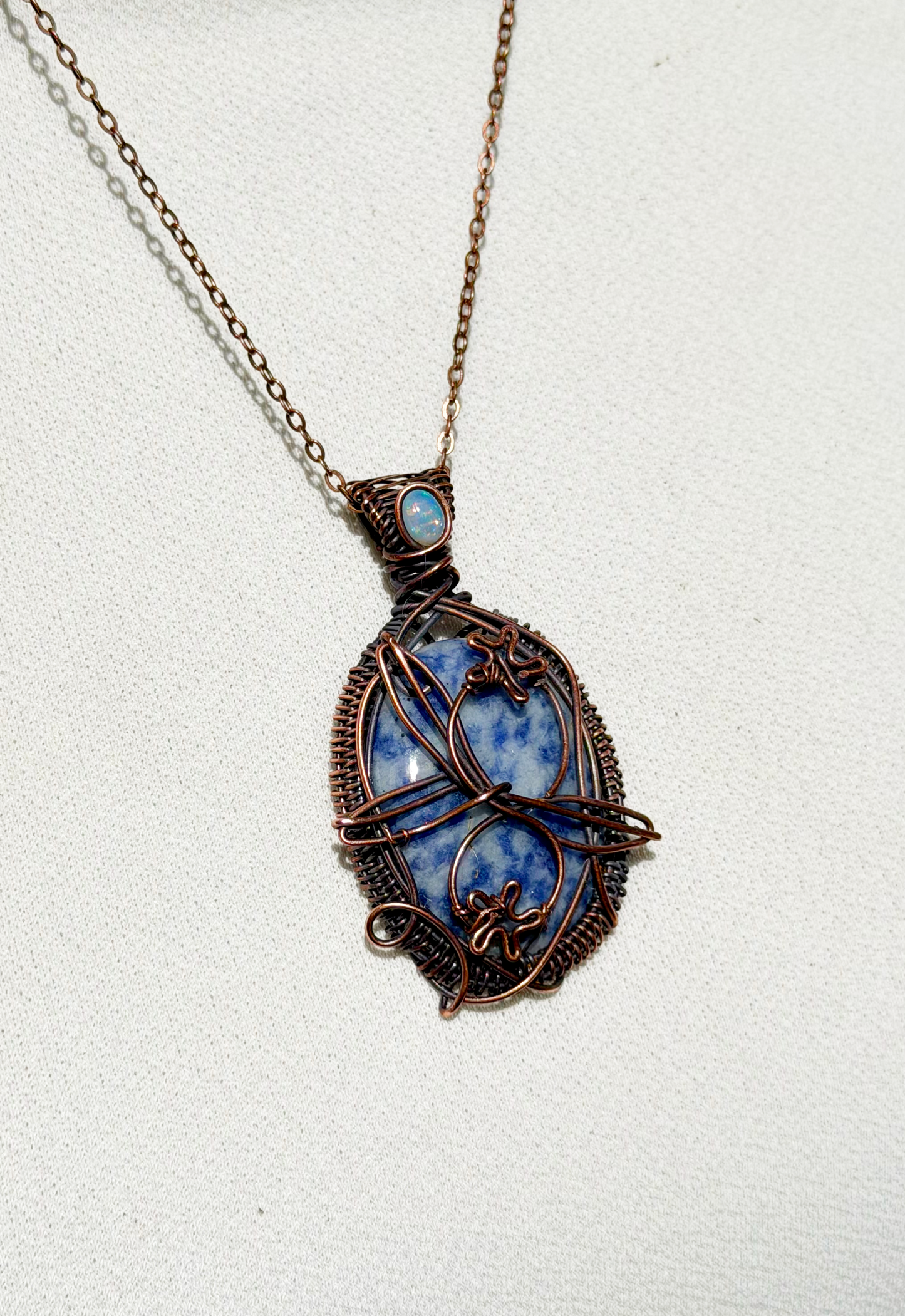 Blueberry Blue Spotted Jasper with Opal Accent Crystal Copper Pendant