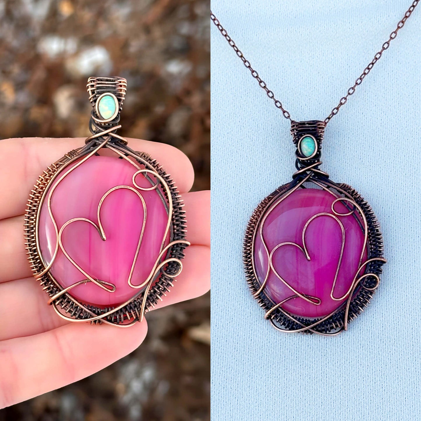 Heart Pink Opal & Opal Accent Crystal Copper Pendant