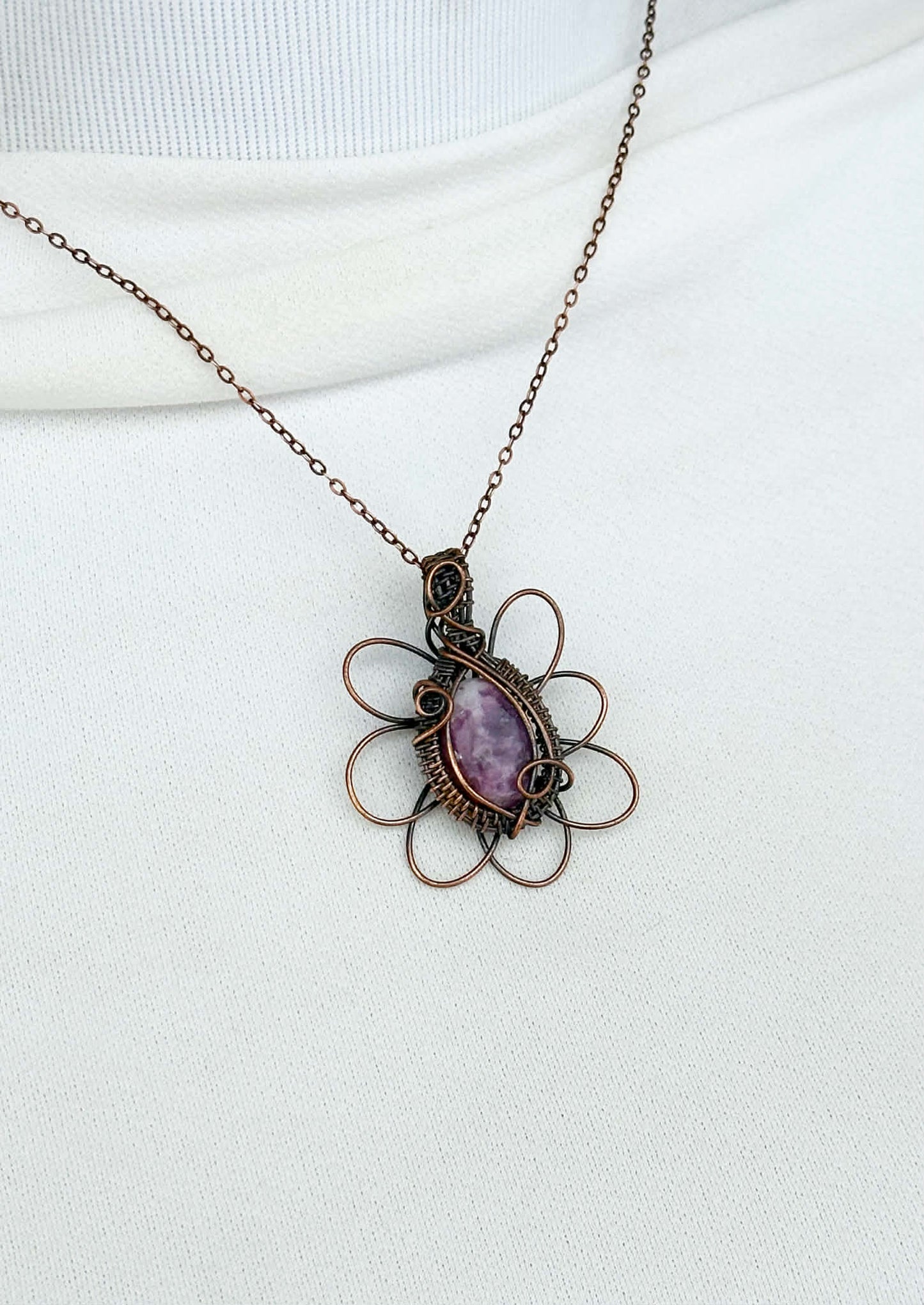 Daisy Lepidolite & Clear Quartz Crystal Copper Pendant