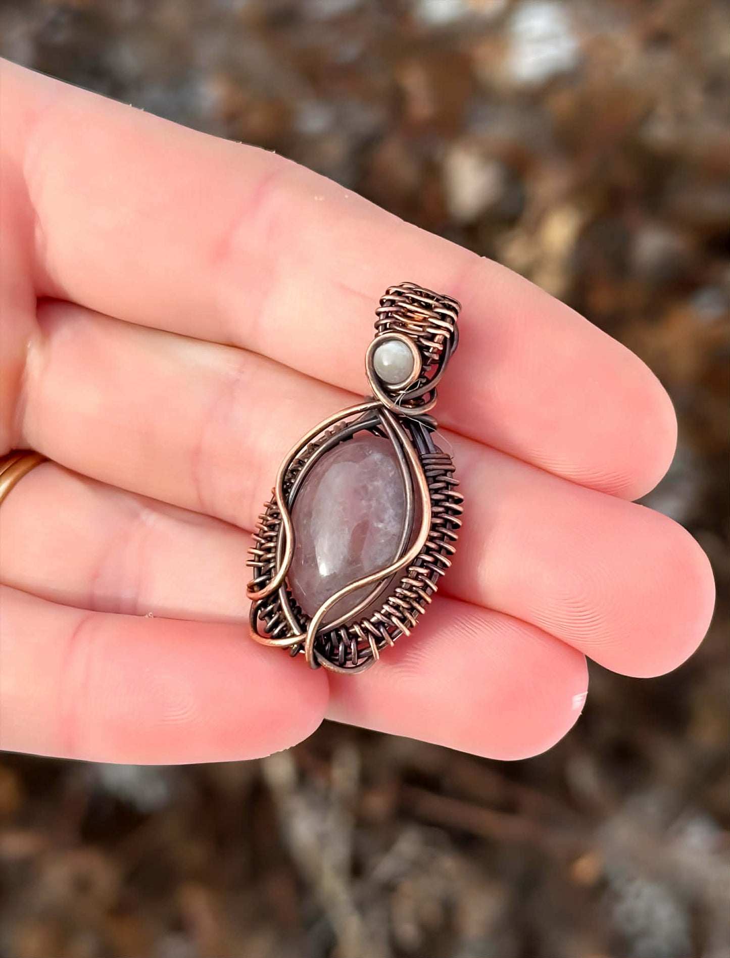 Mini Strawberry Quartz & Clear Quartz Accent Crystal Copper Pendant