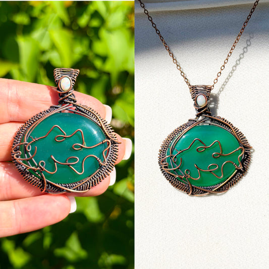 Sunfish Green Strawberry Quartz with Opal Accent Crystal Copper Pendant