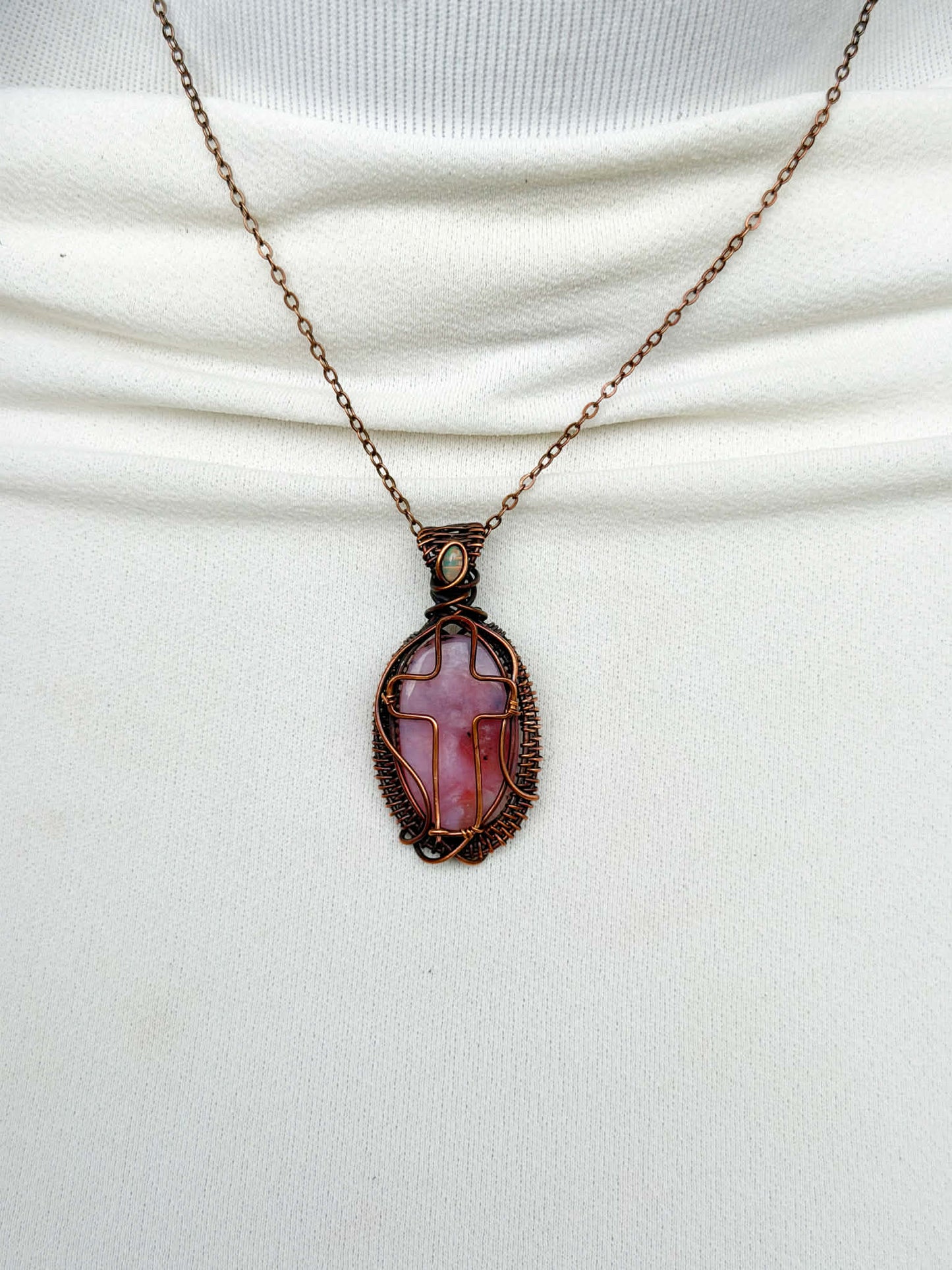 Cross Pink Opal & Opal Accent Crystal Copper Pendant