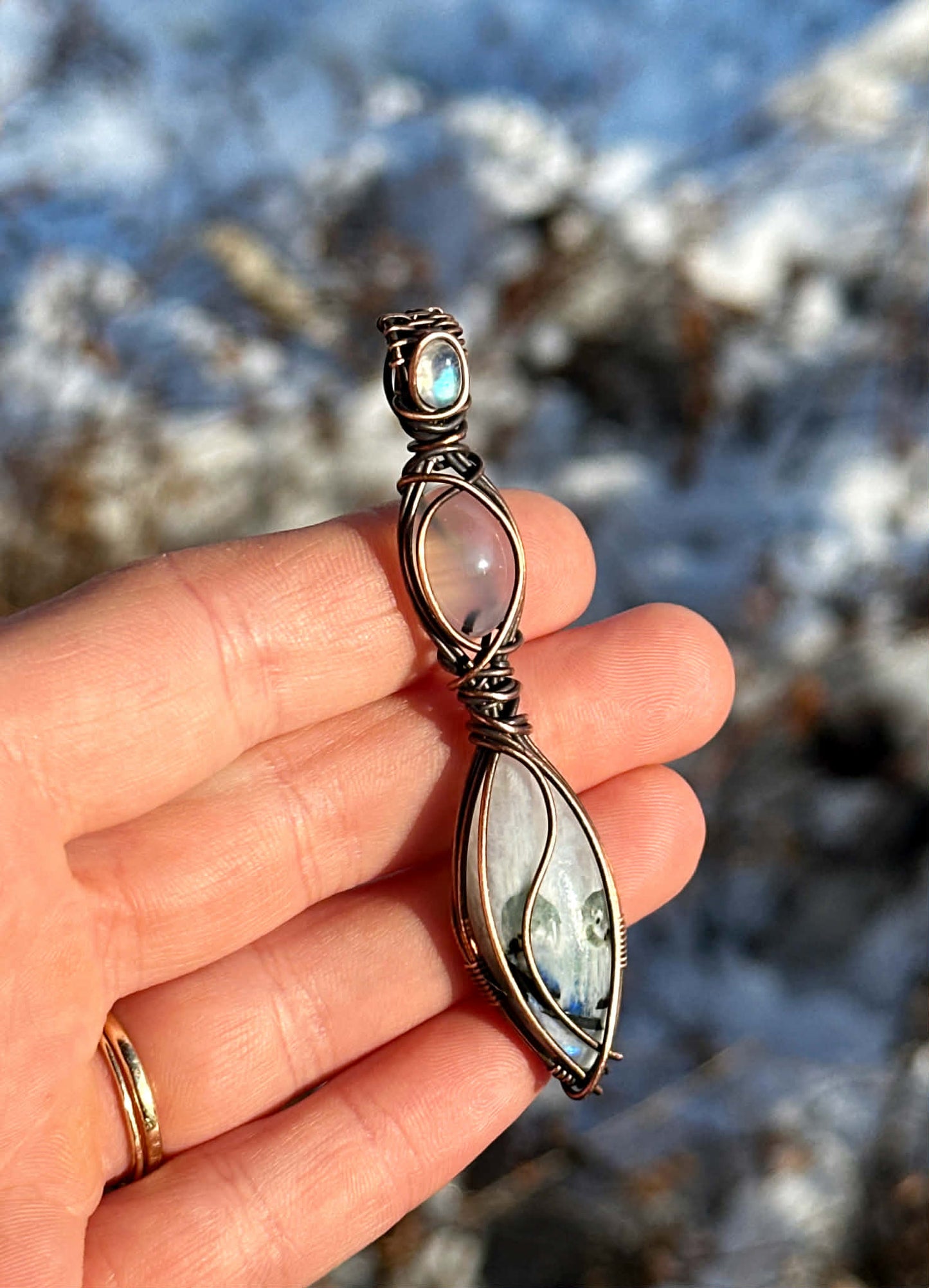 Triple Moonstone Crystal Copper Pendant