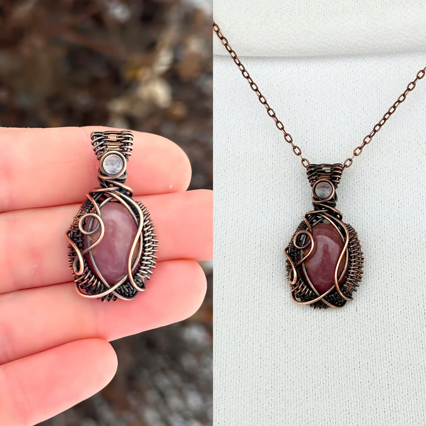 Mini Lepidolite & Clear Quartz Crystal Copper Pendant