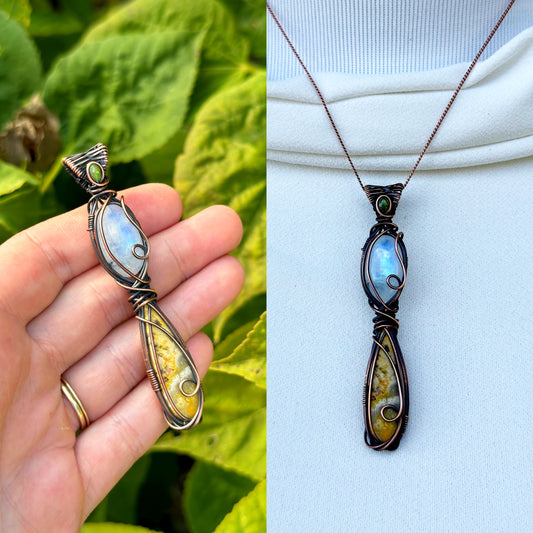 Triple Opal, Rainbow Moonstone, & Bumble Bee Jasper Crystal Copper Pendant