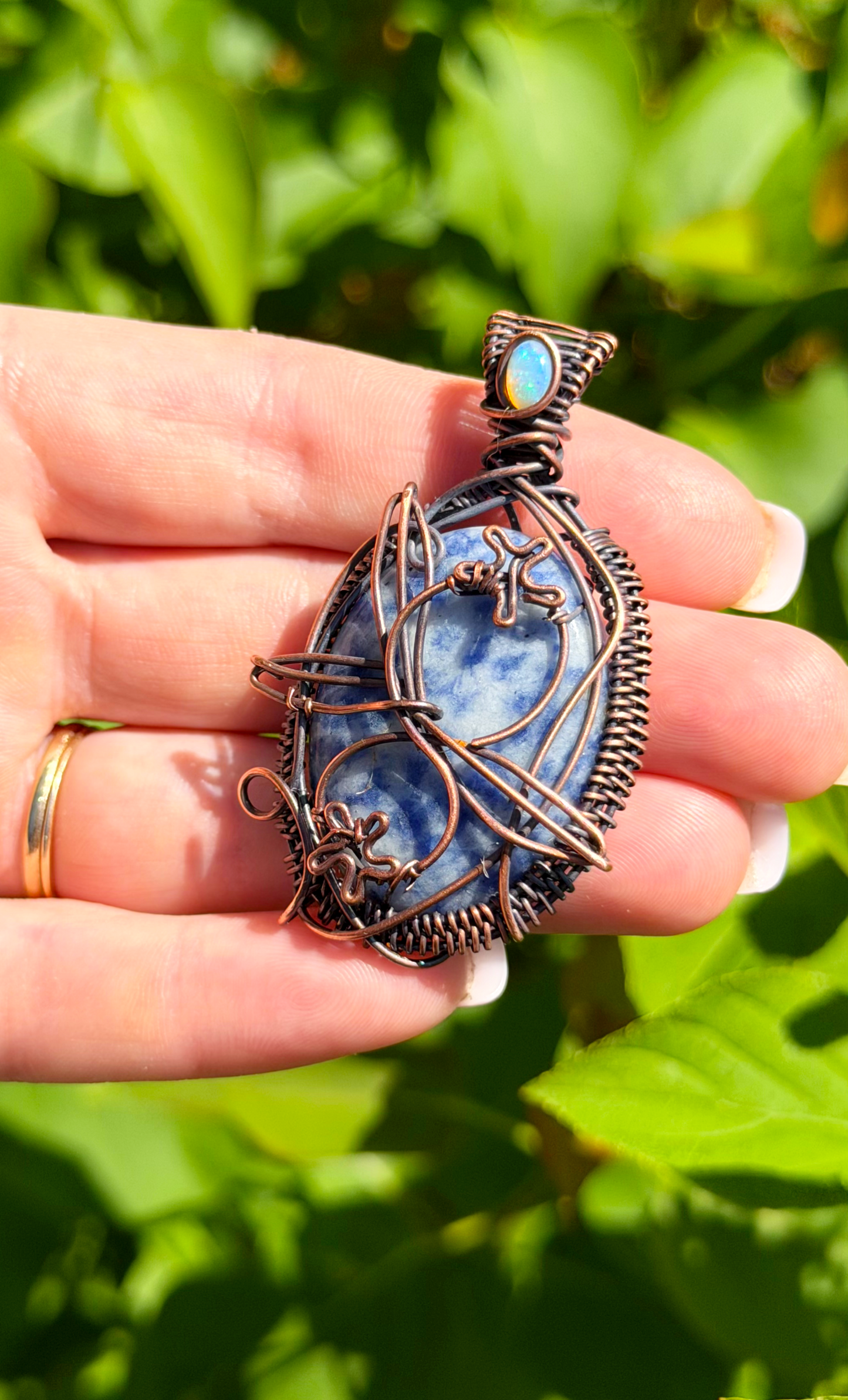 Blueberry Blue Spotted Jasper with Opal Accent Crystal Copper Pendant