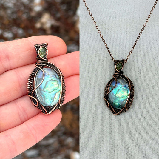 Abalone Shell & Tourmaline Accent Crystal Copper Pendant
