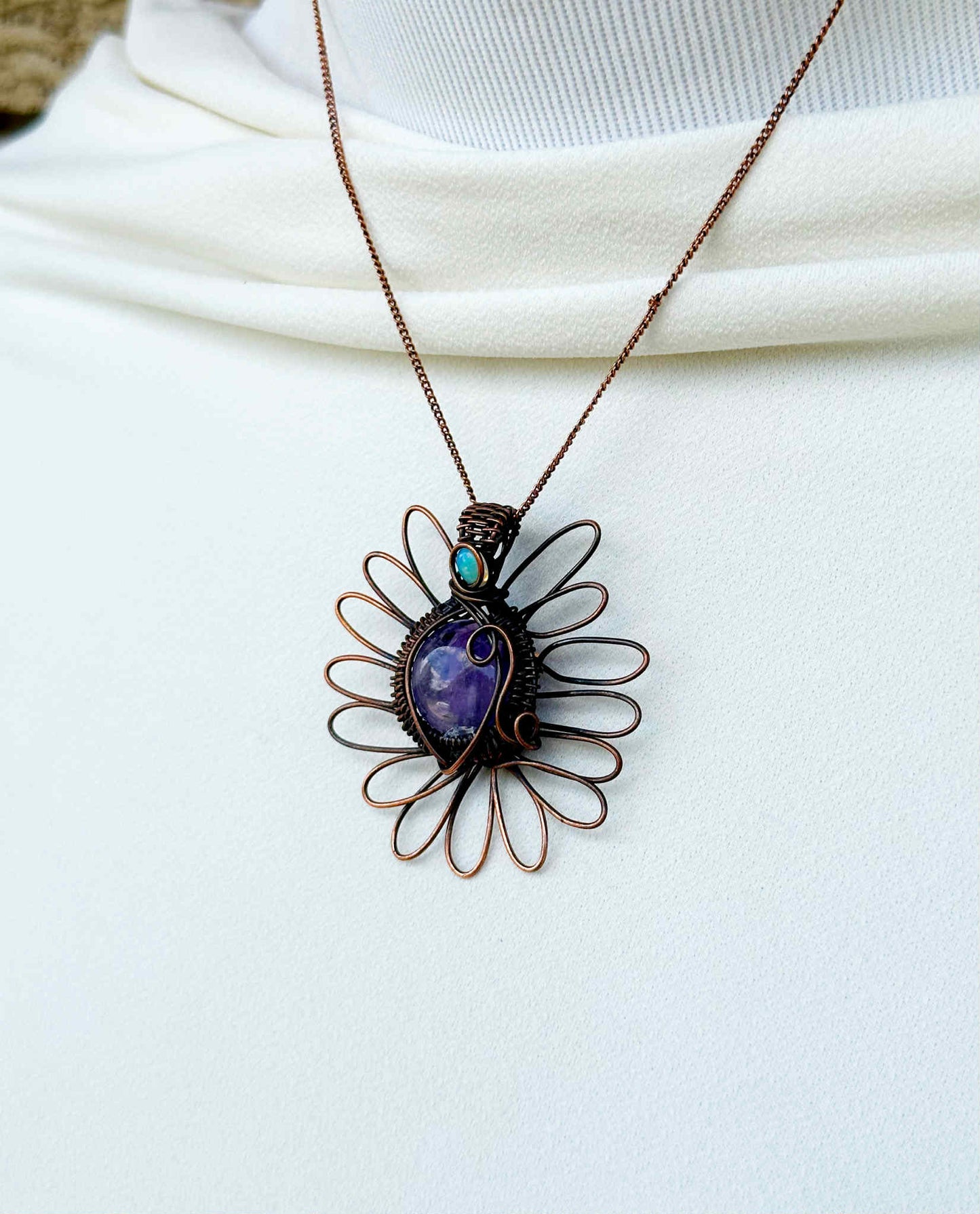 Purple Wisteria Amethyst & Opal Crystal Copper Pendant