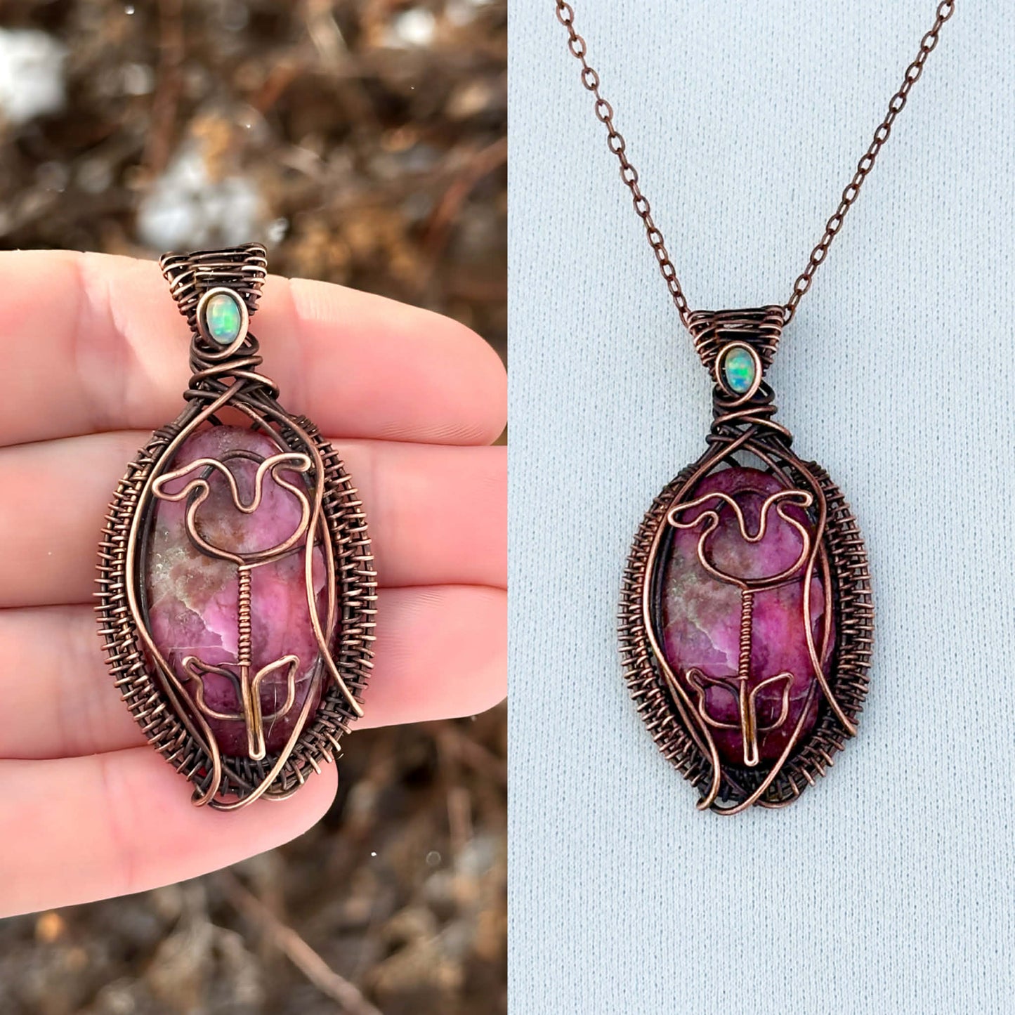 Rose Rhodocrosite & Opal Accent Crystal Copper Pendant
