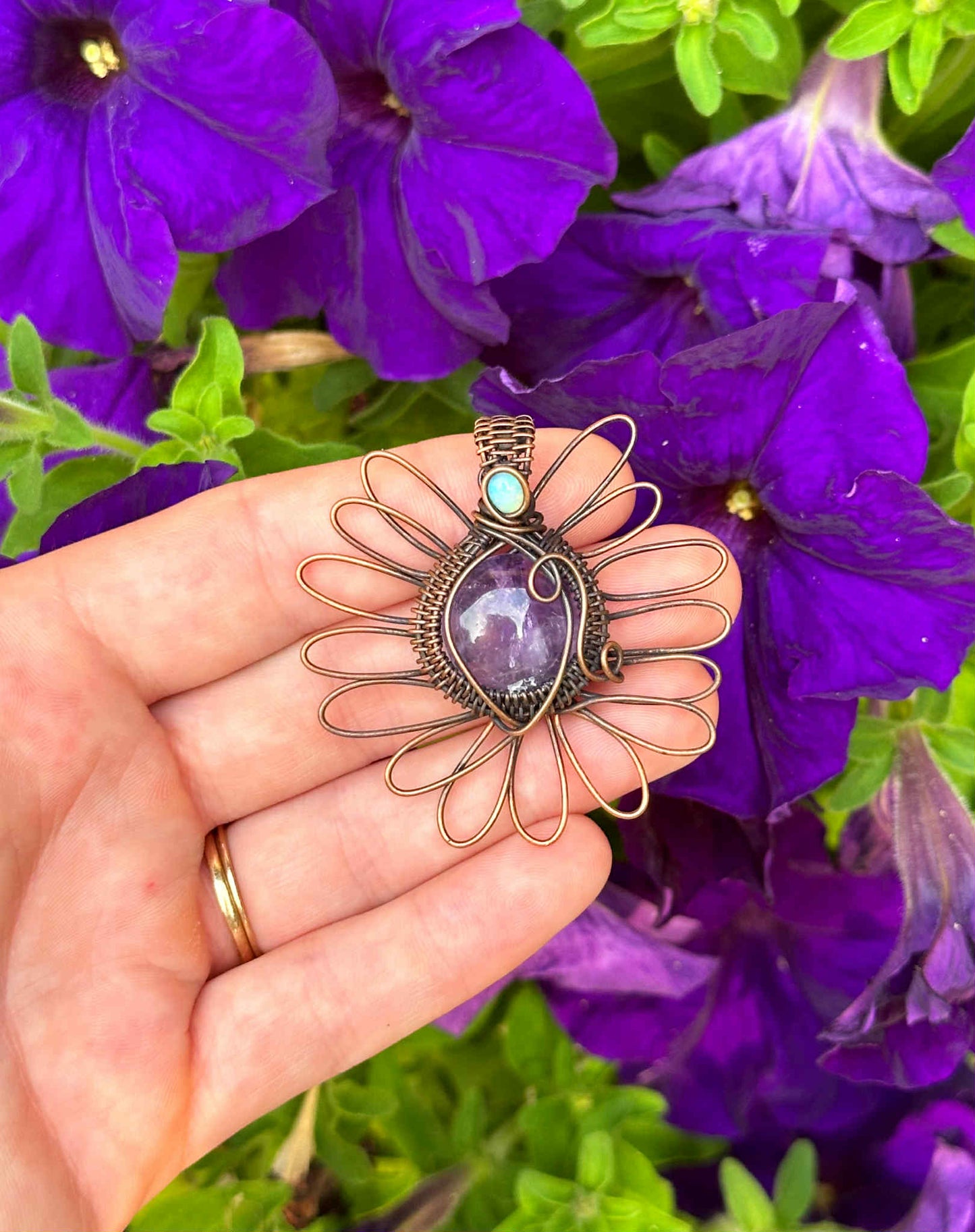 Purple Wisteria Amethyst & Opal Crystal Copper Pendant