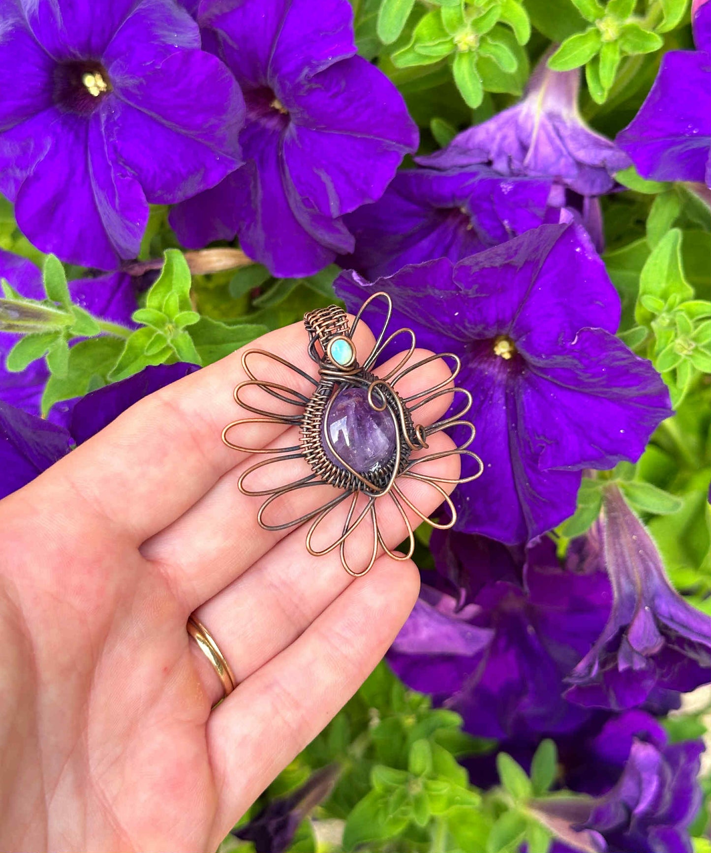 Purple Wisteria Amethyst & Opal Crystal Copper Pendant