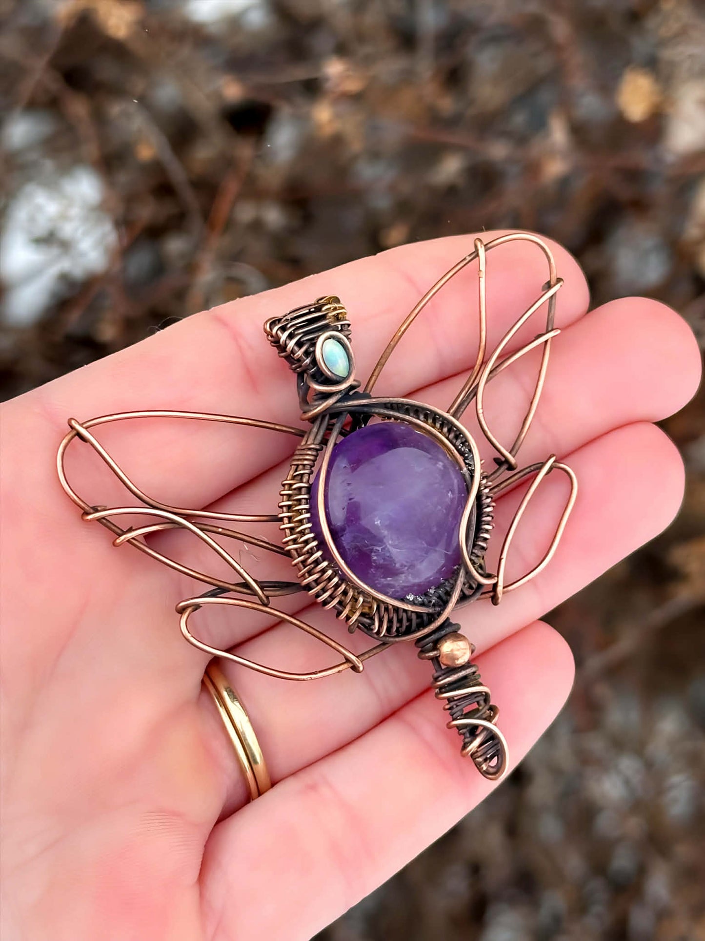 Dragon Fly Lilac Amethyst & Opal Accent Crystal Copper Pendant