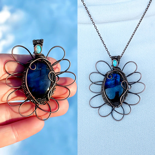 Winter Blue Flax Flower Labradorite & Opal Crystal Copper Pendant