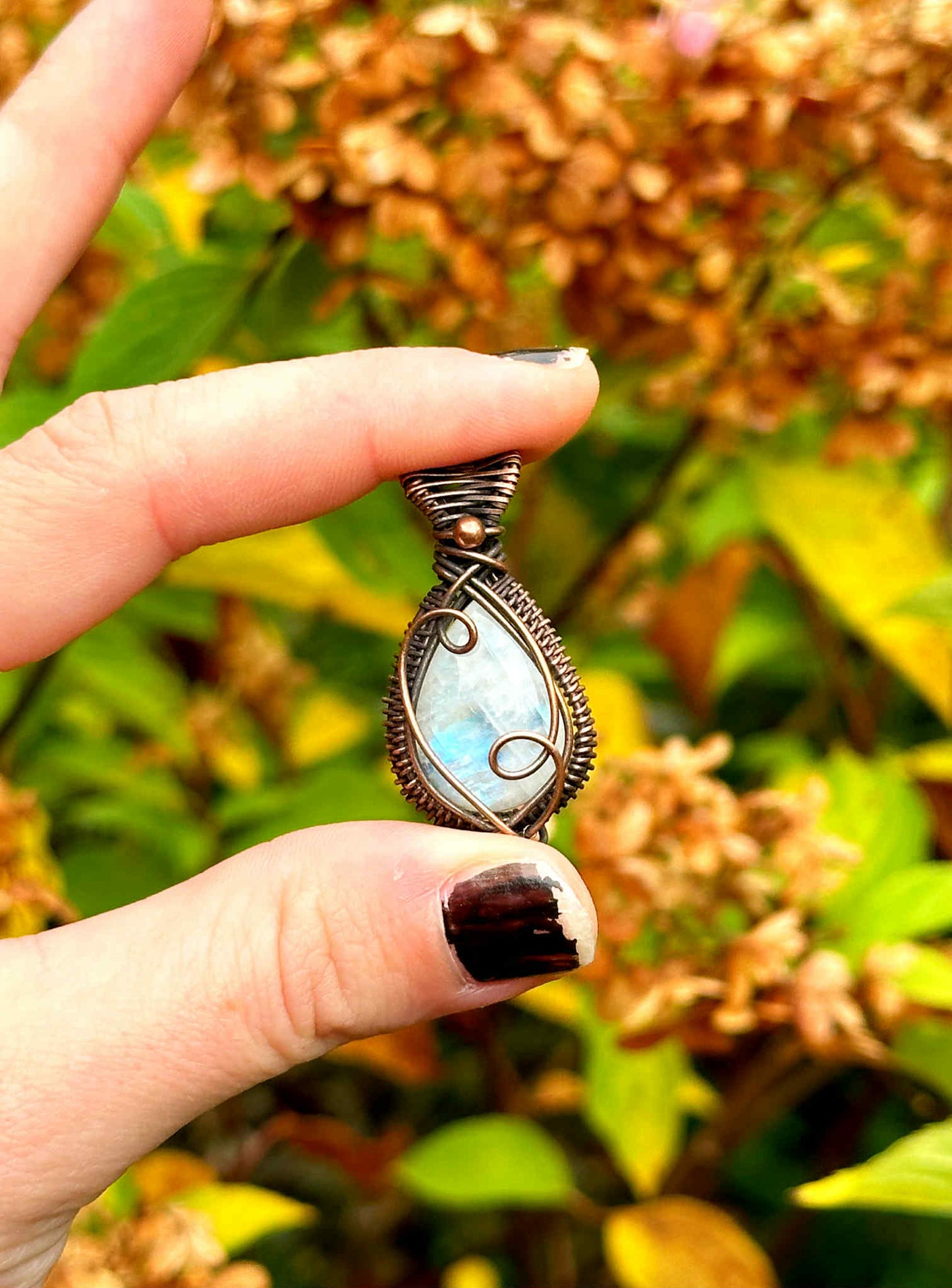 Mini Rainbow Moonstone Crystal Copper Pendant