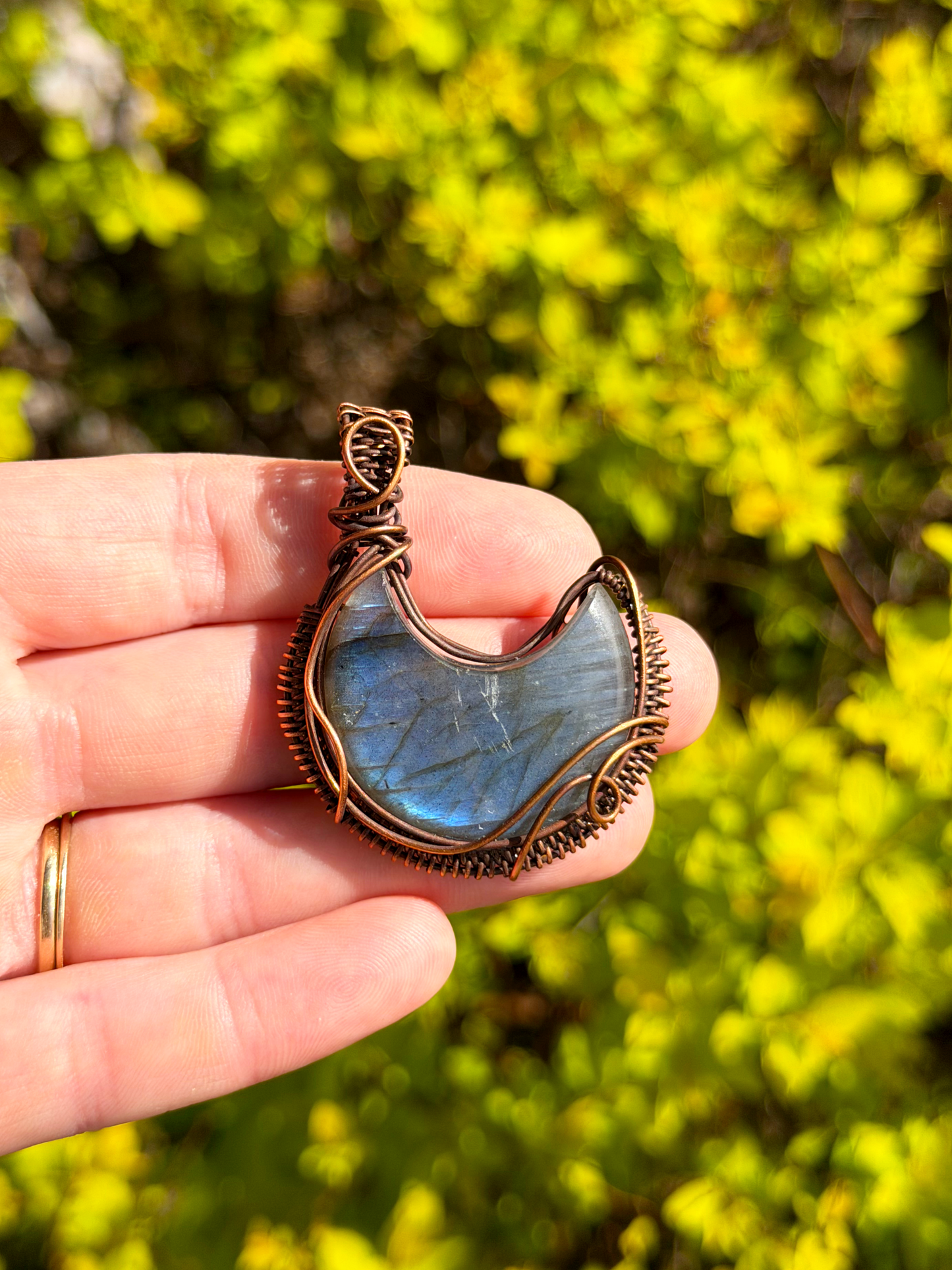 Crescent Moon Blue Labradorite Crystal Copper Pendant