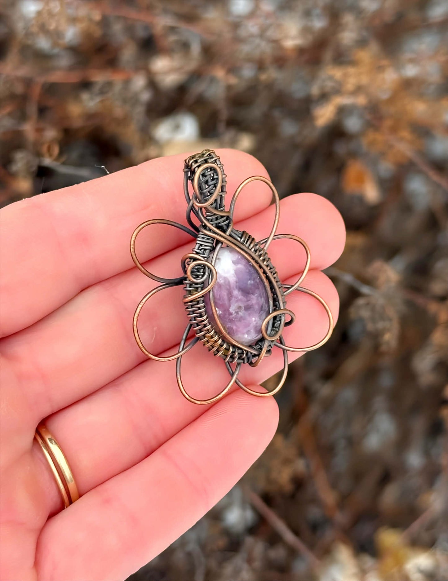 Daisy Lepidolite & Clear Quartz Crystal Copper Pendant