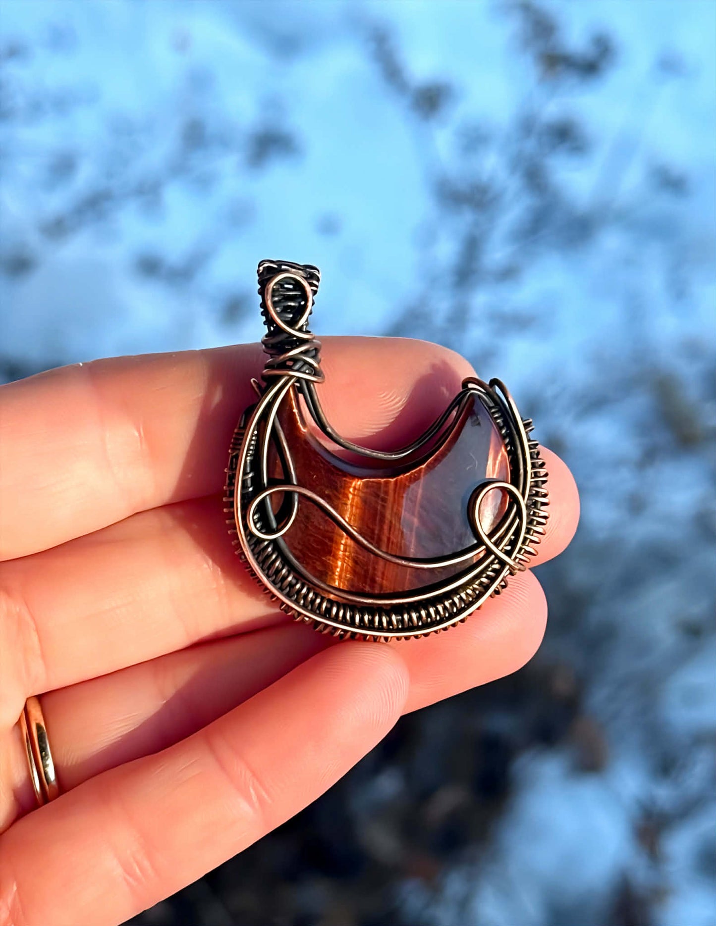Crescent Moon Red Tigers Eye Crystal Copper Pendant