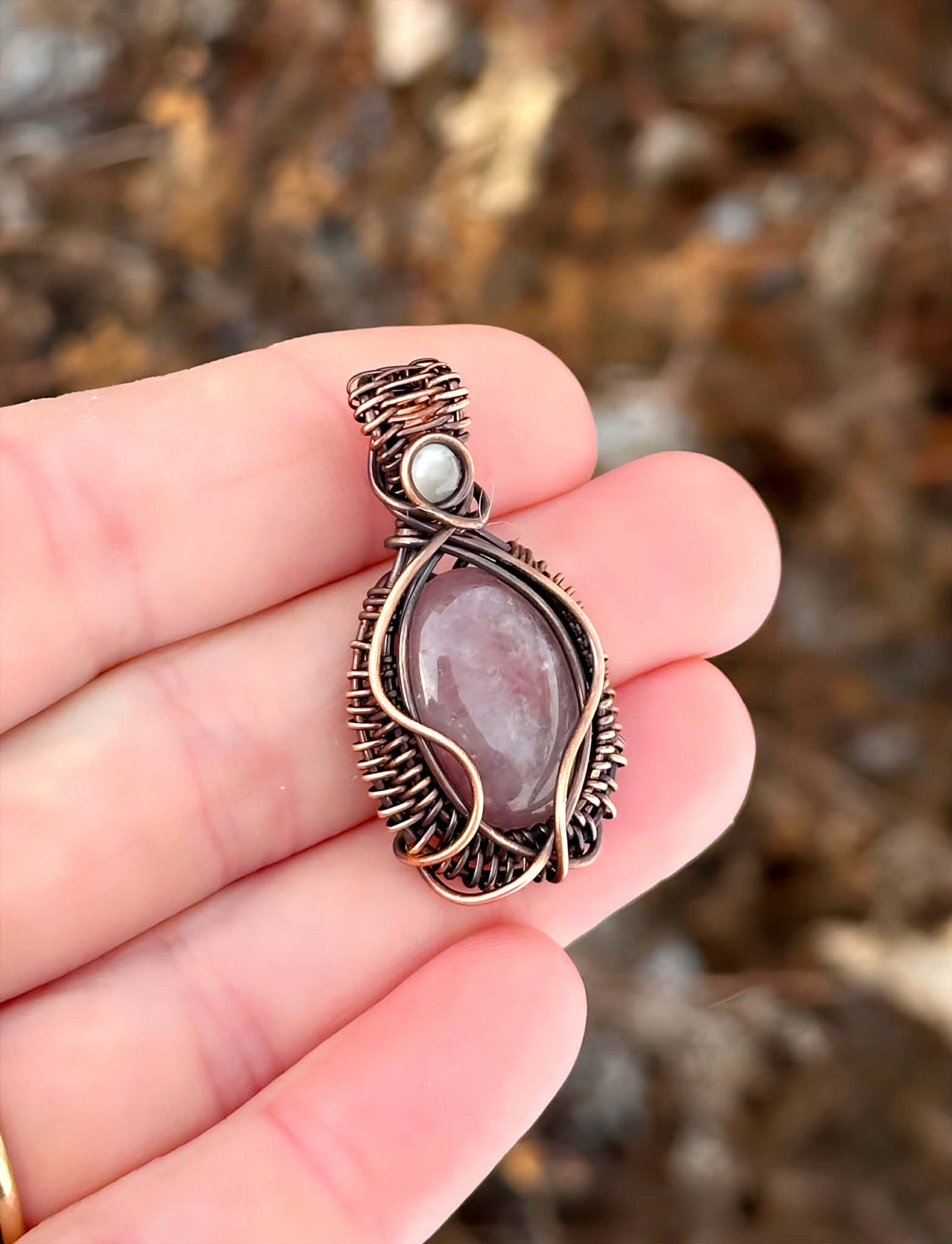 Mini Strawberry Quartz & Clear Quartz Accent Crystal Copper Pendant