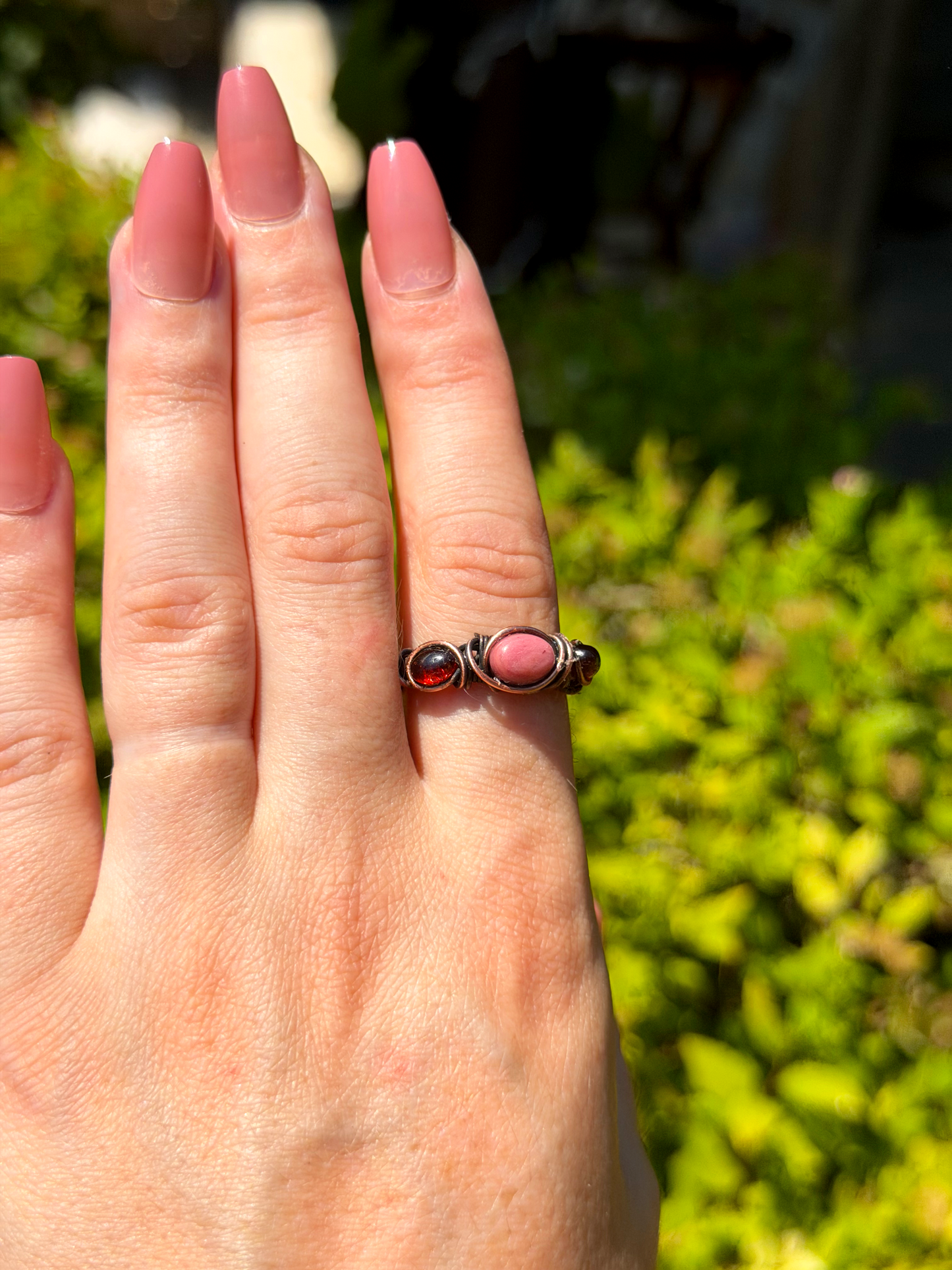 Triple Ruby & Rhodonite Crystal Copper Ring