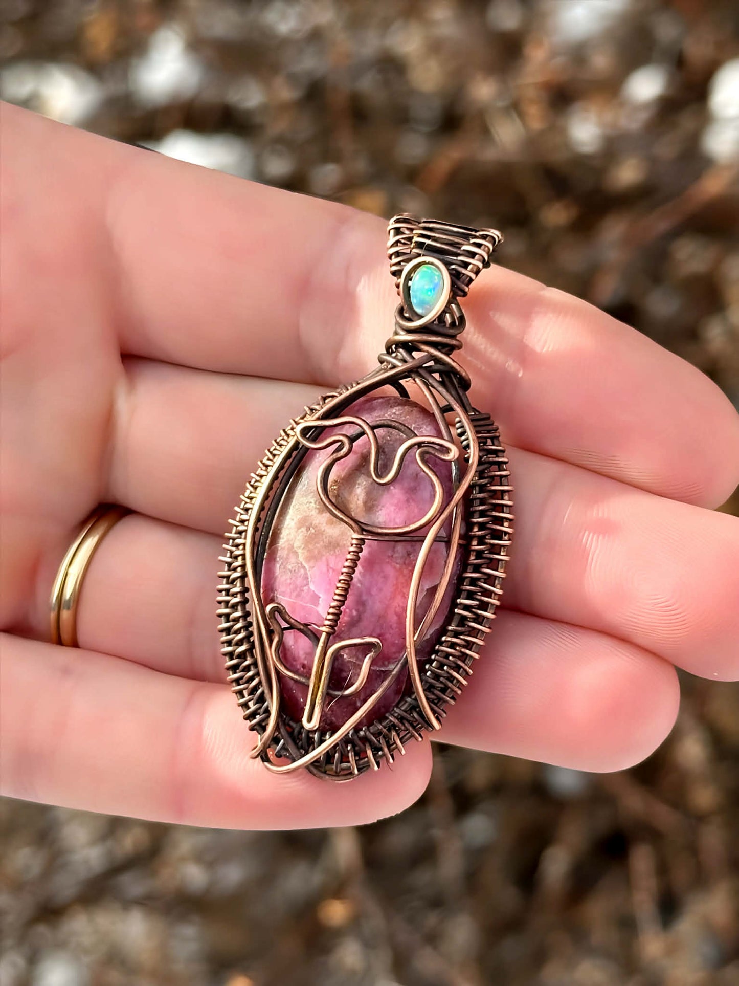 Rose Rhodocrosite & Opal Accent Crystal Copper Pendant