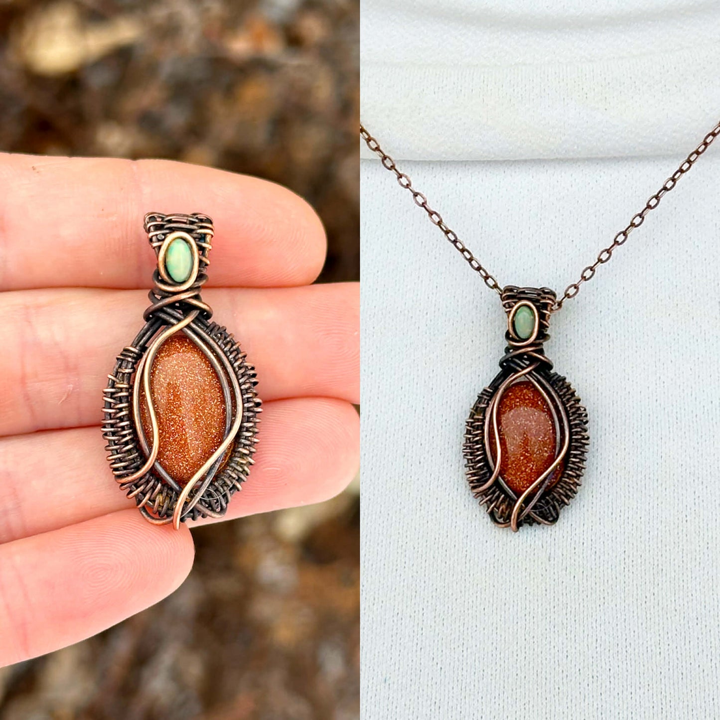 Mini Sunstone & Opal Accent Crystal Copper Pendant