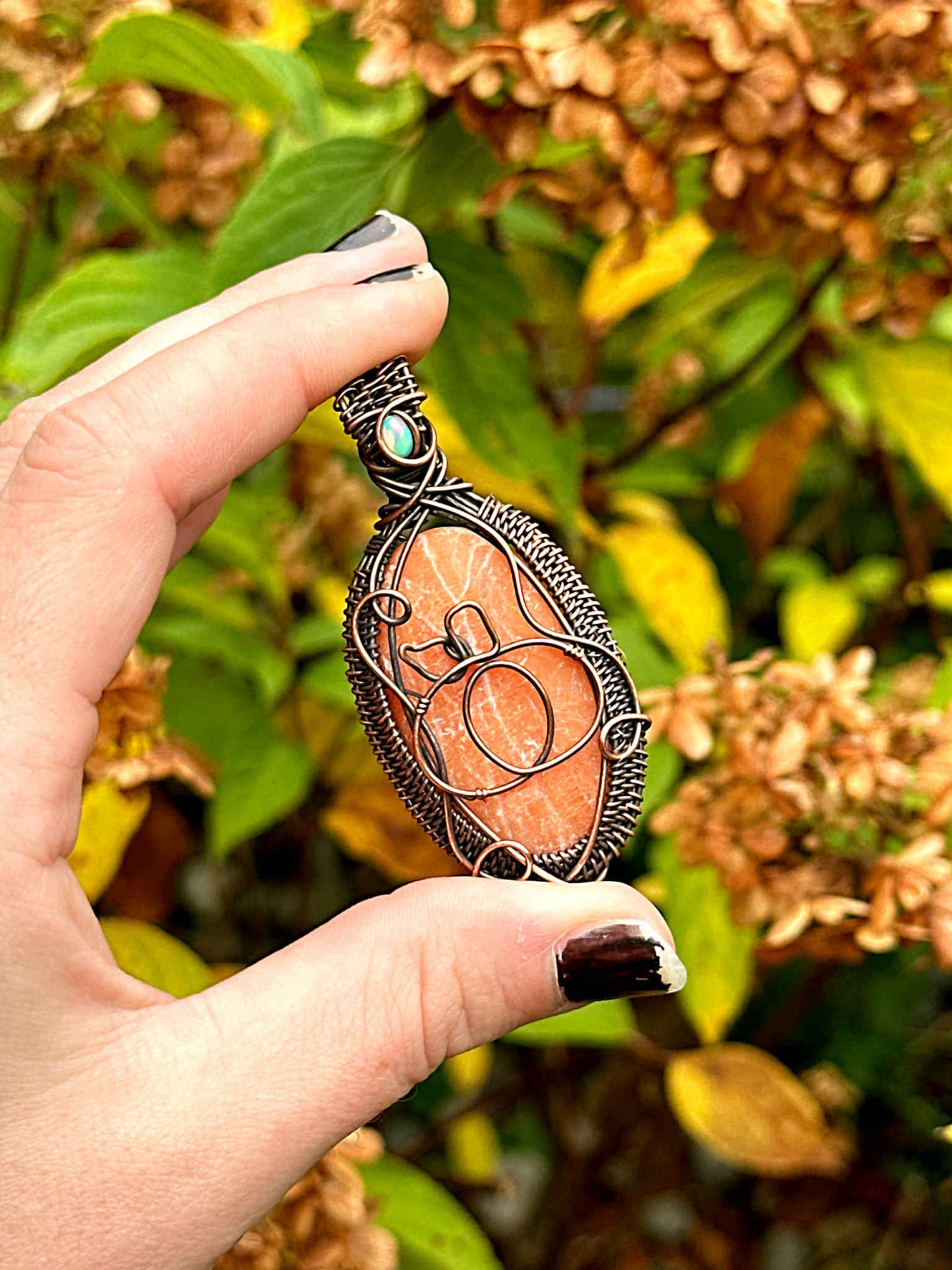 Pumpkin Orange Calcite & Opal Crystal Copper Pendant