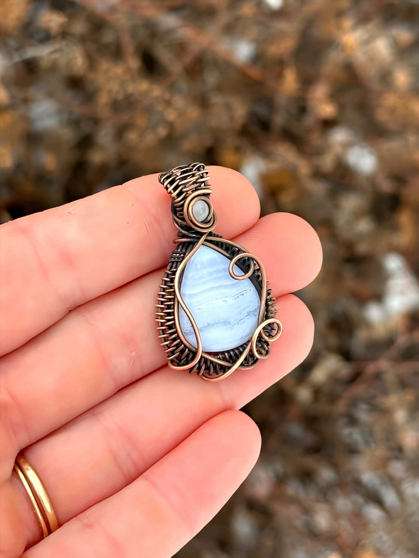 Blue Lace Agate & Clear Quartz Accent Crystal Copper Pendant