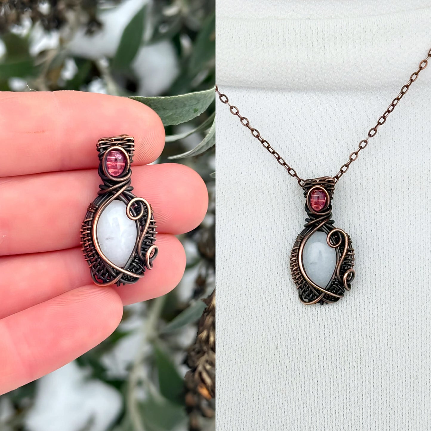 Mini White Jade & Tourmaline Accent Crystal Copper Pendant