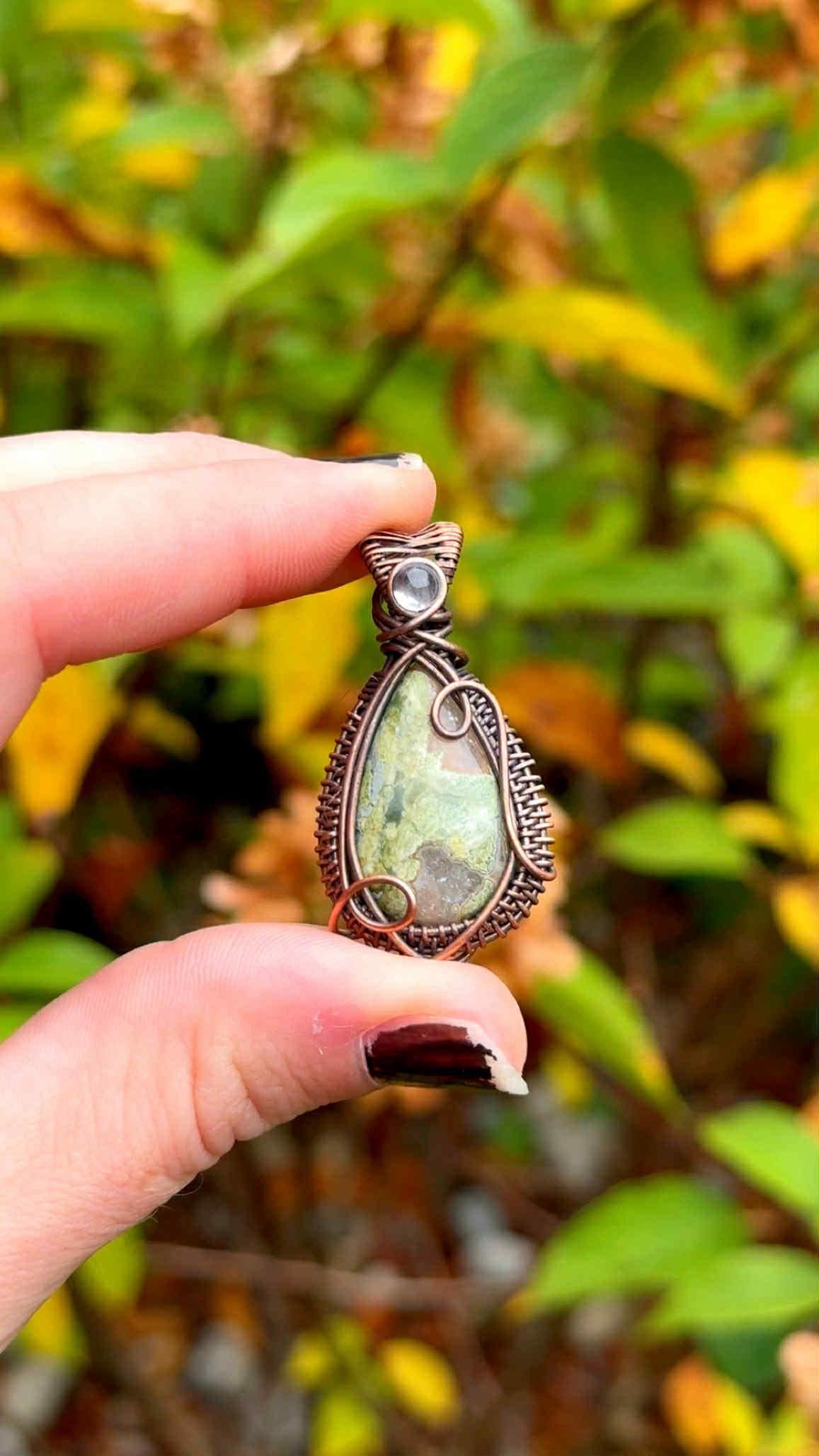 Rainforest Jasper & Clear Quartz Accent Crystal Copper Pendant