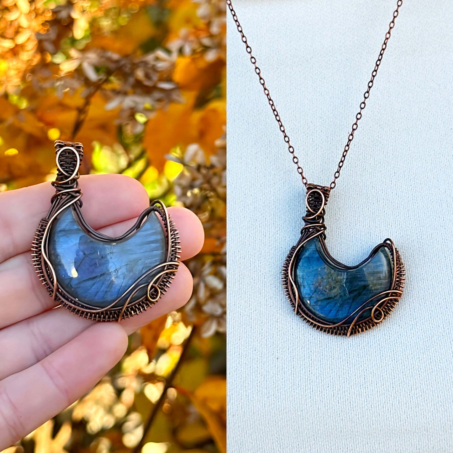 Crescent Moon Blue Labradorite Crystal Copper Pendant