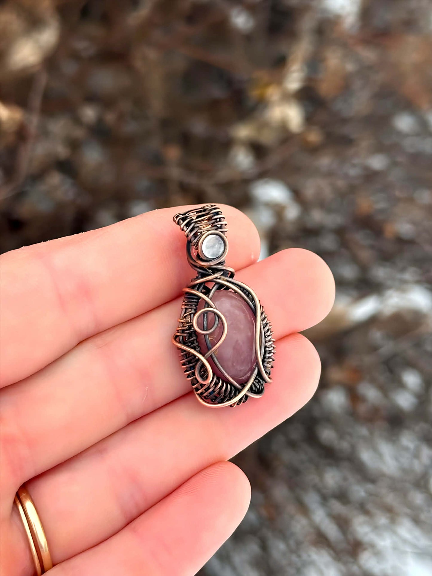 Mini Lepidolite & Clear Quartz Crystal Copper Pendant
