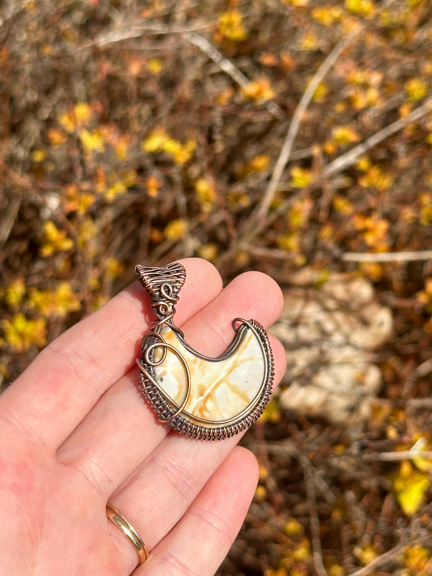 Crescent Moon Picture Jasper Crystal Copper Pendant