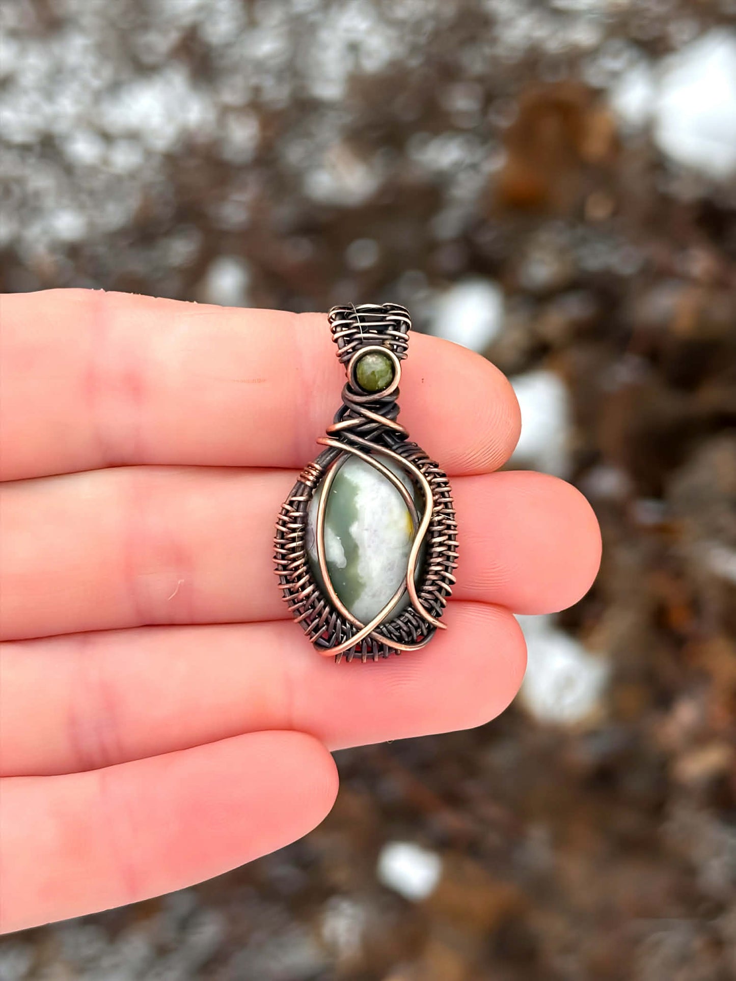 Mini Green Spotted Jasper & Green Aventurine Crystal Copper Pendant