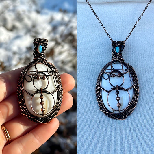 Snowman Mother of Pearl & Opal Crystal Copper Pendant